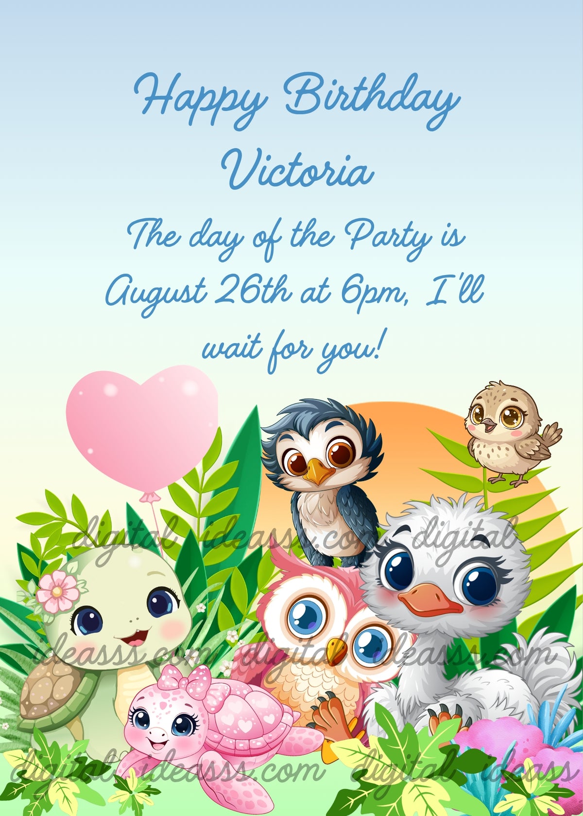 A tiny green turtle with a pink heart balloon, a little pink turtle taking her first steps, a blue owl peeking from behind, a pink owl watching tenderly, a fluffy white ostrich chick, and a small brown bird, in a lush jungle with a warm sunset — cartoon birthday card for kids aged 1 to 9