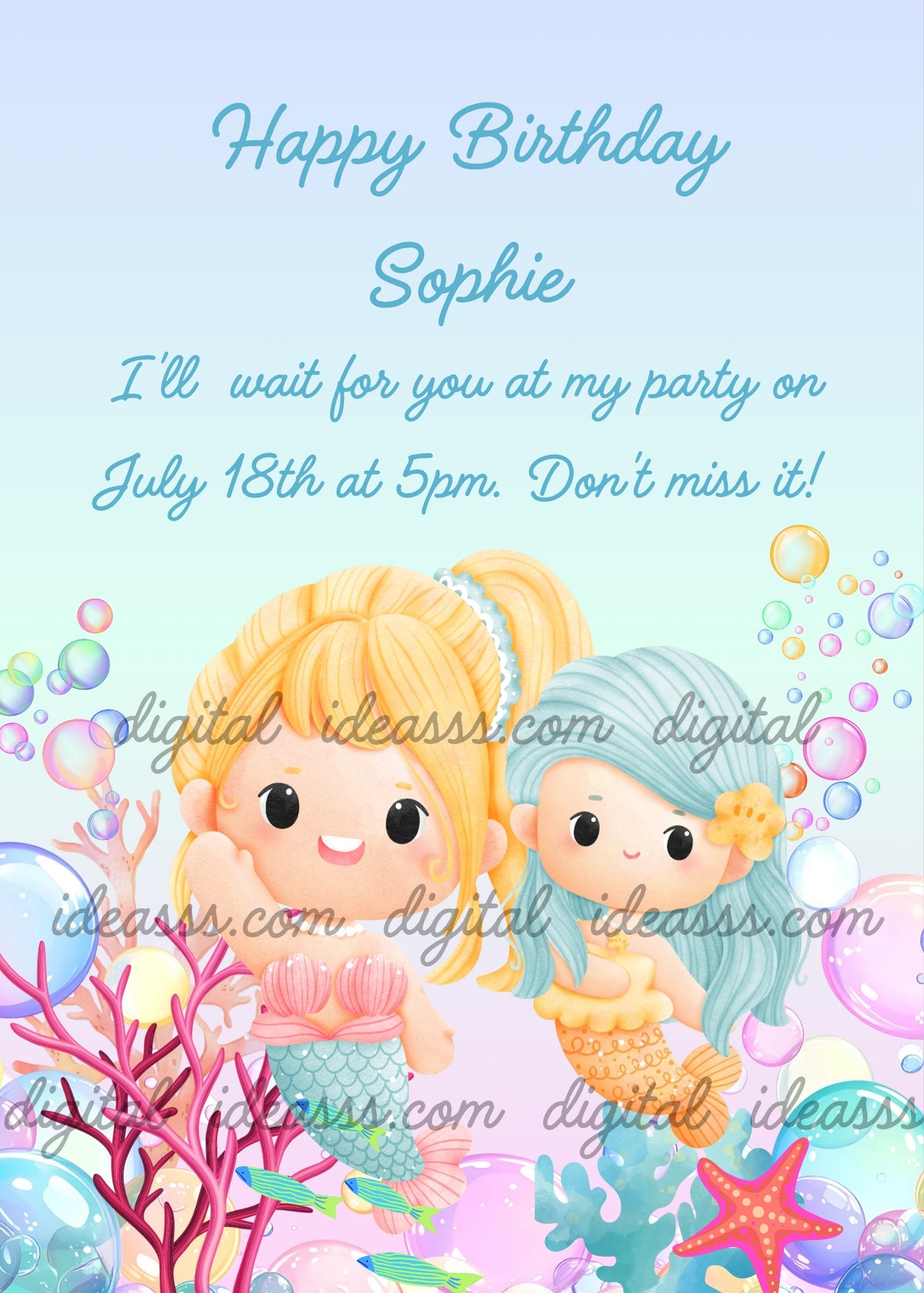 Two cute kawaii mermaids, one with blonde hair and one with light blue hair, surrounded by colorful bubbles, pink corals, blue corals and starfish underwater — birthday card for girls aged 1 to 9