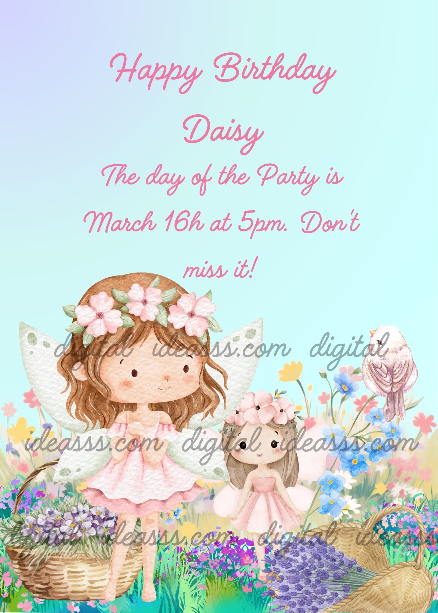Two cute fairies with white wings and pink flower crowns in a colorful meadow with blue, pink and lavender flowers and wicker baskets, on a soft lilac and blue gradient background — birthday card for girls aged 5 to 12