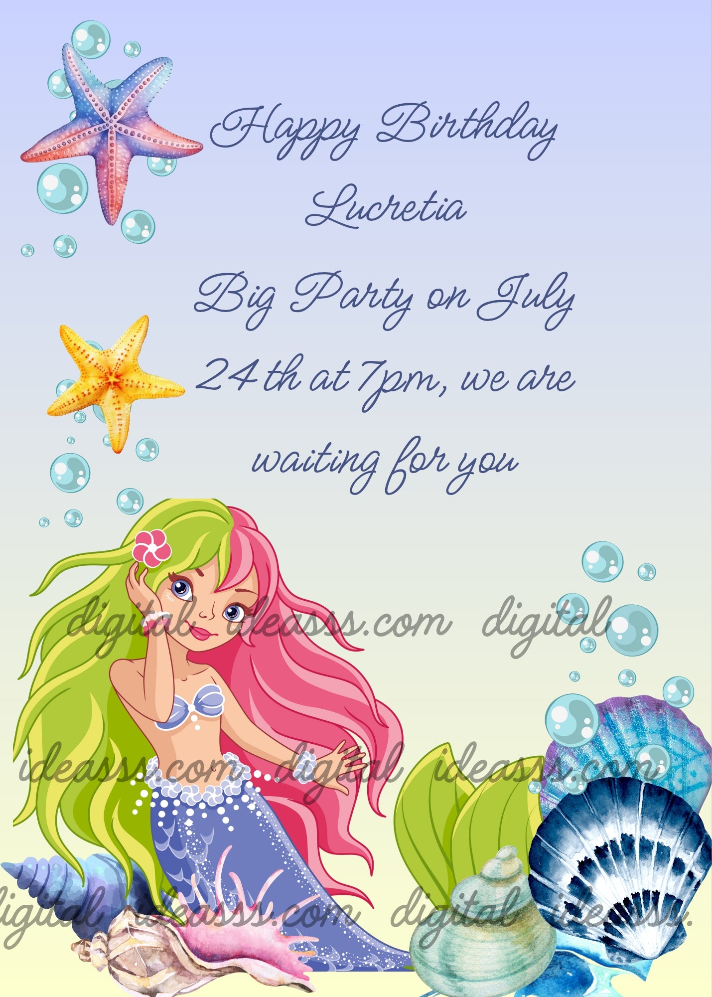 Mermaid with pink and green hair and lilac tail with pearls, colorful seashells, yellow and blue starfish and bubbles on gradient blue background — birthday card for girls aged 8 to 14