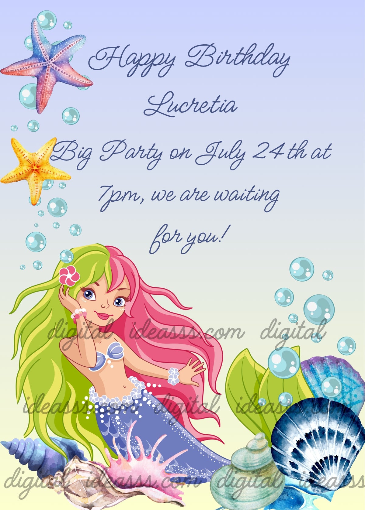Little mermaid with green and pink hair and blue tail, colorful shells, blue and yellow starfish and turquoise bubbles underwater — birthday card for girls aged 8 to 14