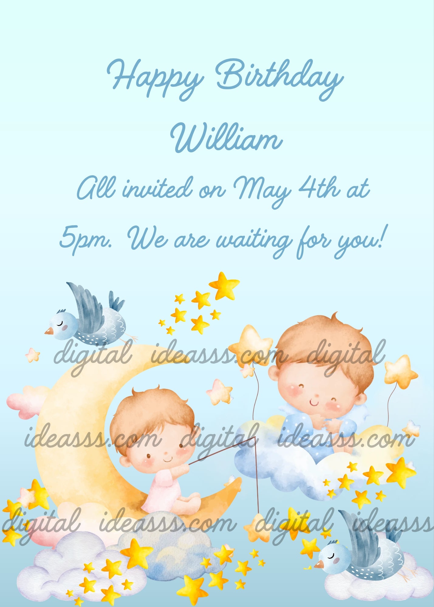 Two cute babies fishing for stars with fishing rods, a girl sitting on a golden crescent moon and a boy on clouds, with little blue birds and golden stars on a soft light blue background — birthday card for children aged 1 to 9