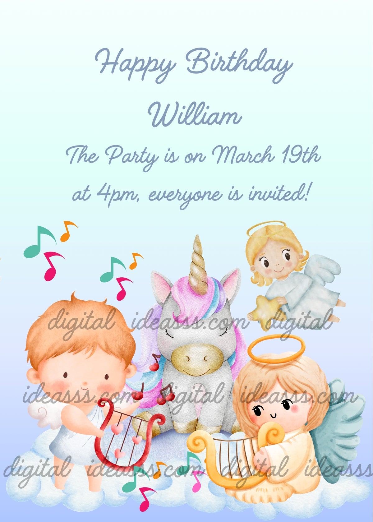 White unicorn with closed eyes and a pastel rainbow mane sitting on clouds, surrounded by three little angels, two playing red and gold lyres and one holding a star, with colorful musical notes on a light blue and lilac background - printable birthday card for children aged 1 to 9