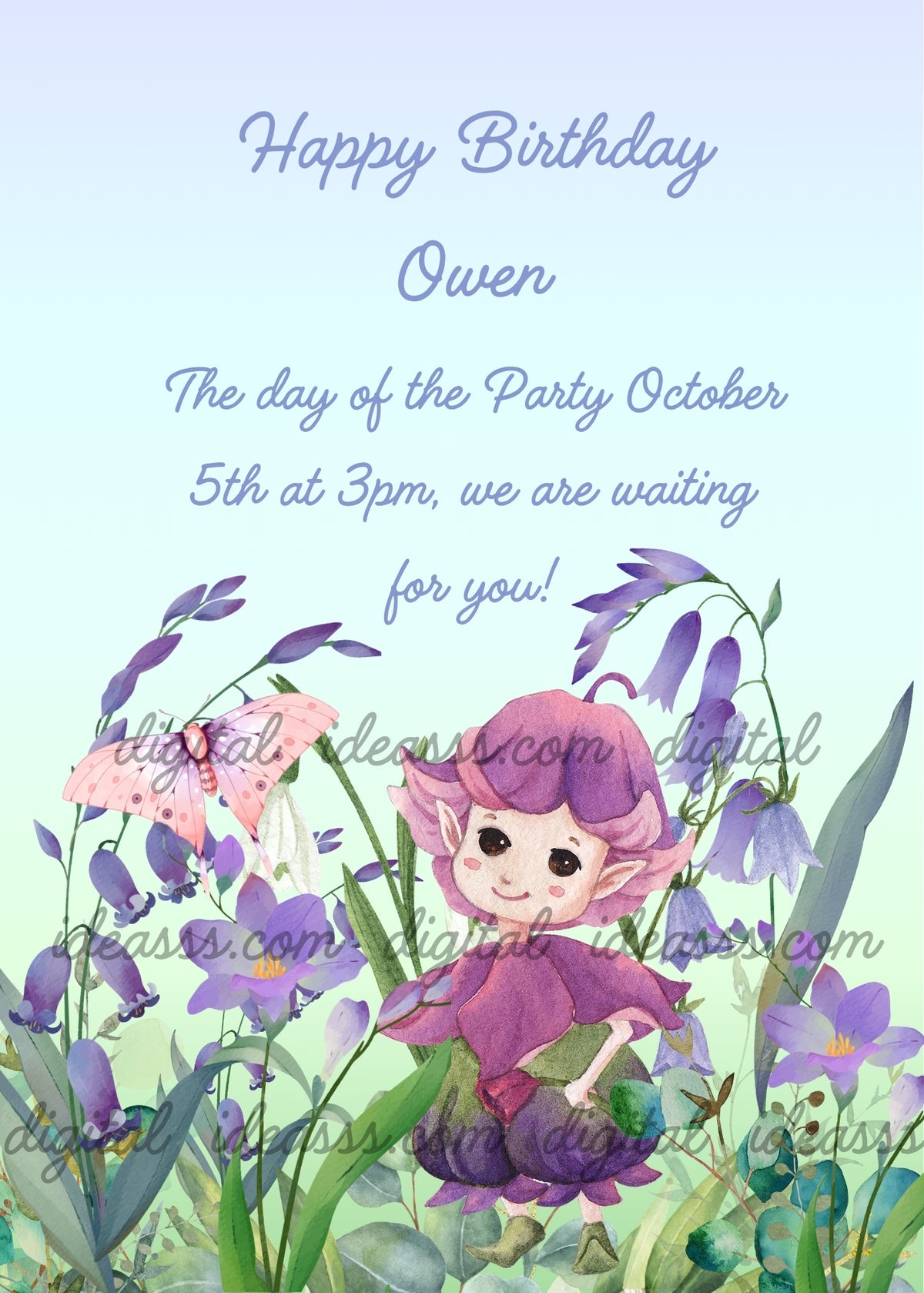 Bluebell child with upside-down bluebell hat and petal outfit standing in a lush meadow of bluebells, large pink butterfly on the left, soft blue mint gradient background — birthday card for children aged 8 to 12