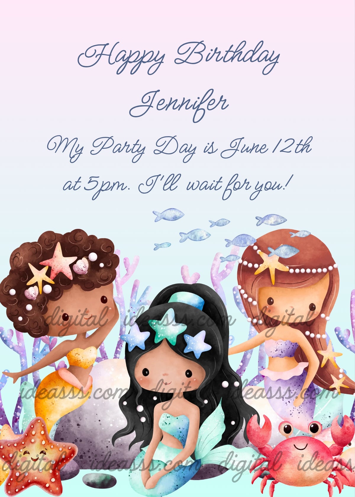 Three cute little mermaids with black, curly brown and brown hair, turquoise, golden and lilac tails, purple corals, grey and pink fish, yellow starfish and a crab — birthday card for girls aged 5 to 12