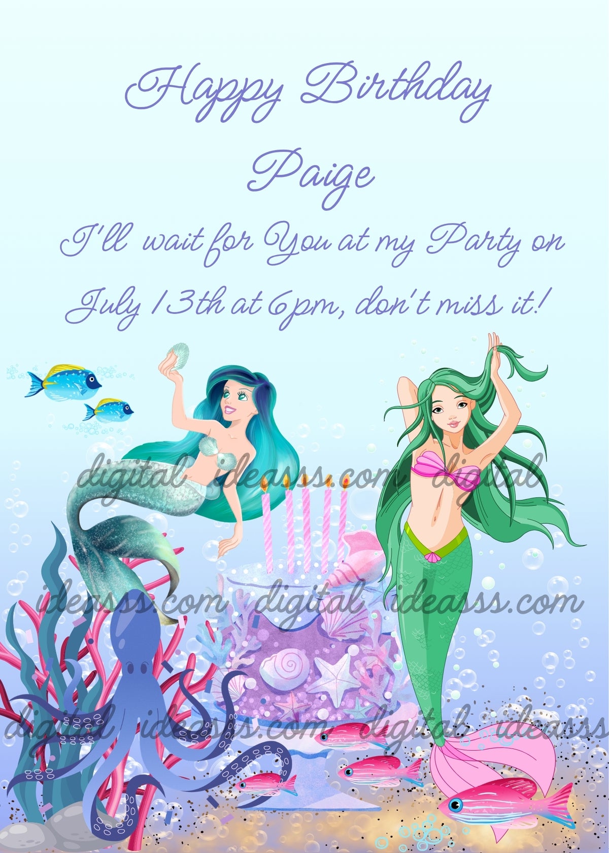 Two teenage mermaids with turquoise and green hair, birthday cake with pink candles, blue octopus, pink corals, blue and pink fish and bubbles on light blue background — birthday card for girls aged 10 to 14