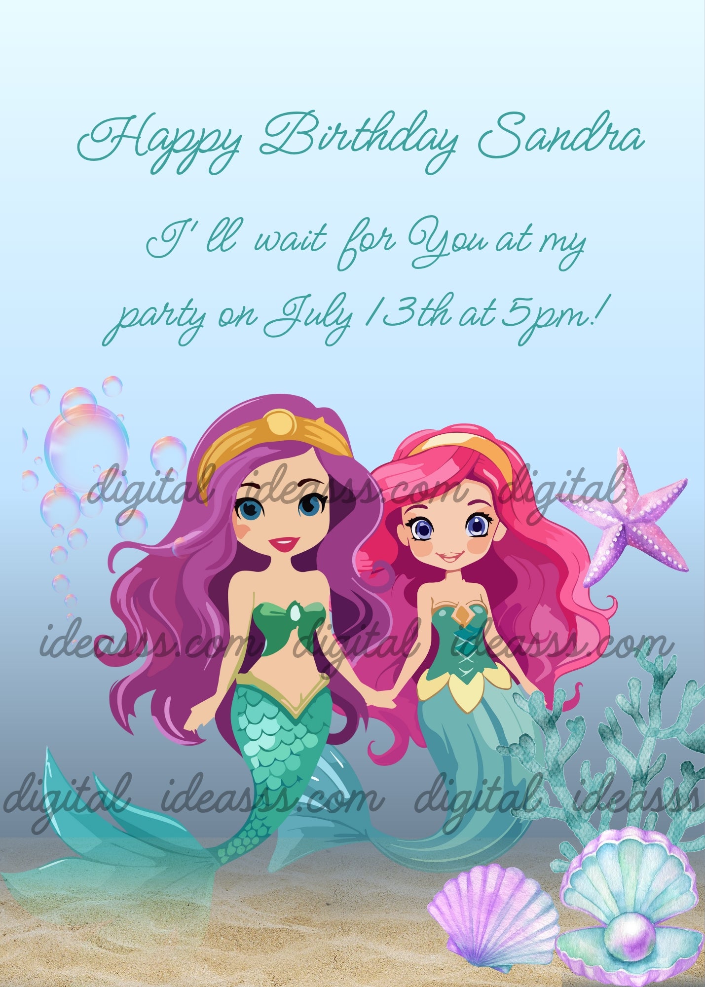 Two cute mermaids holding hands, one with purple hair and gold headband and one with pink hair and yellow headband, both with turquoise tails, lilac starfish, colorful shells with pearl and bubbles — birthday card for girls aged 9 to 14