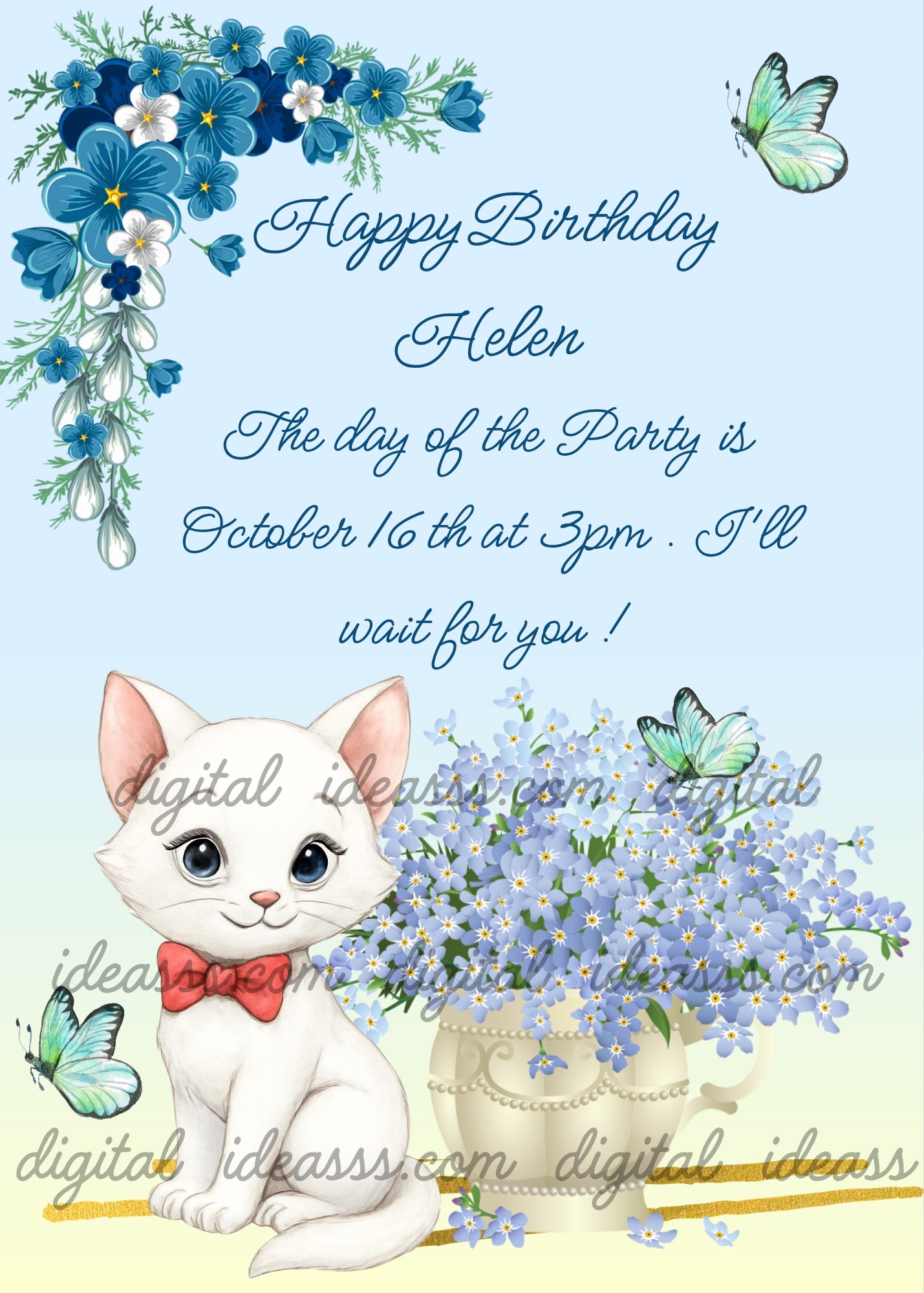 A cute white cat with a red bow tie sitting next to a white vase full of light purple forget-me-not flowers, green butterflies flying around, and a bouquet of blue watercolor flowers in the top corner, on a soft light blue gradient background — printable birthday card for girls aged 7 to 14