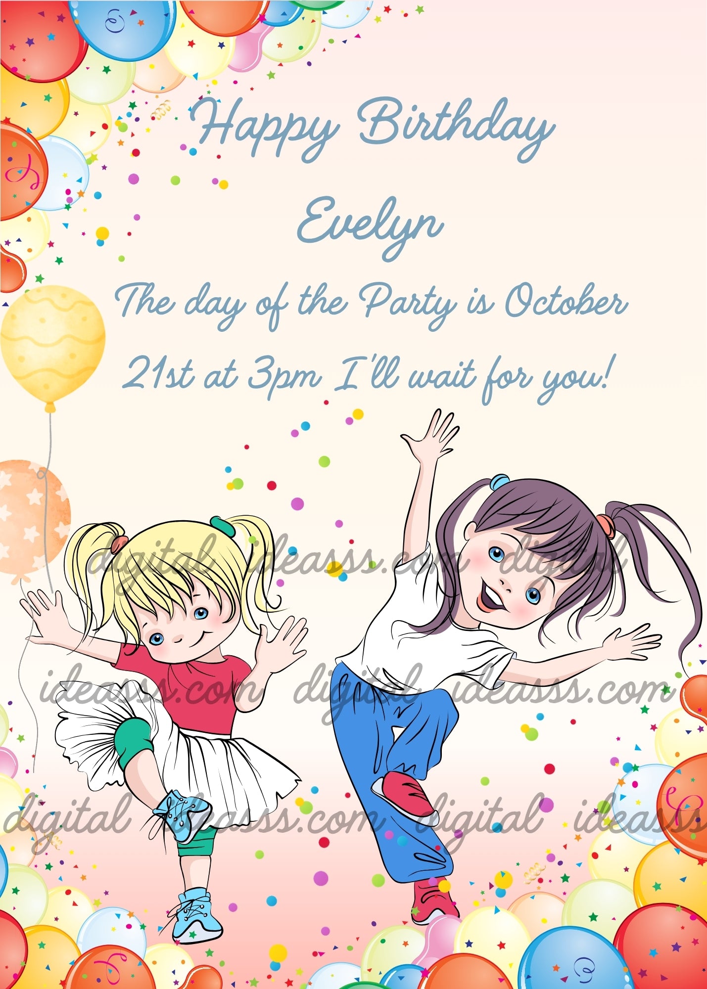 Two little girls dancing joyfully with colorful balloons and confetti on a soft peach background — birthday card for children aged 5 to 12