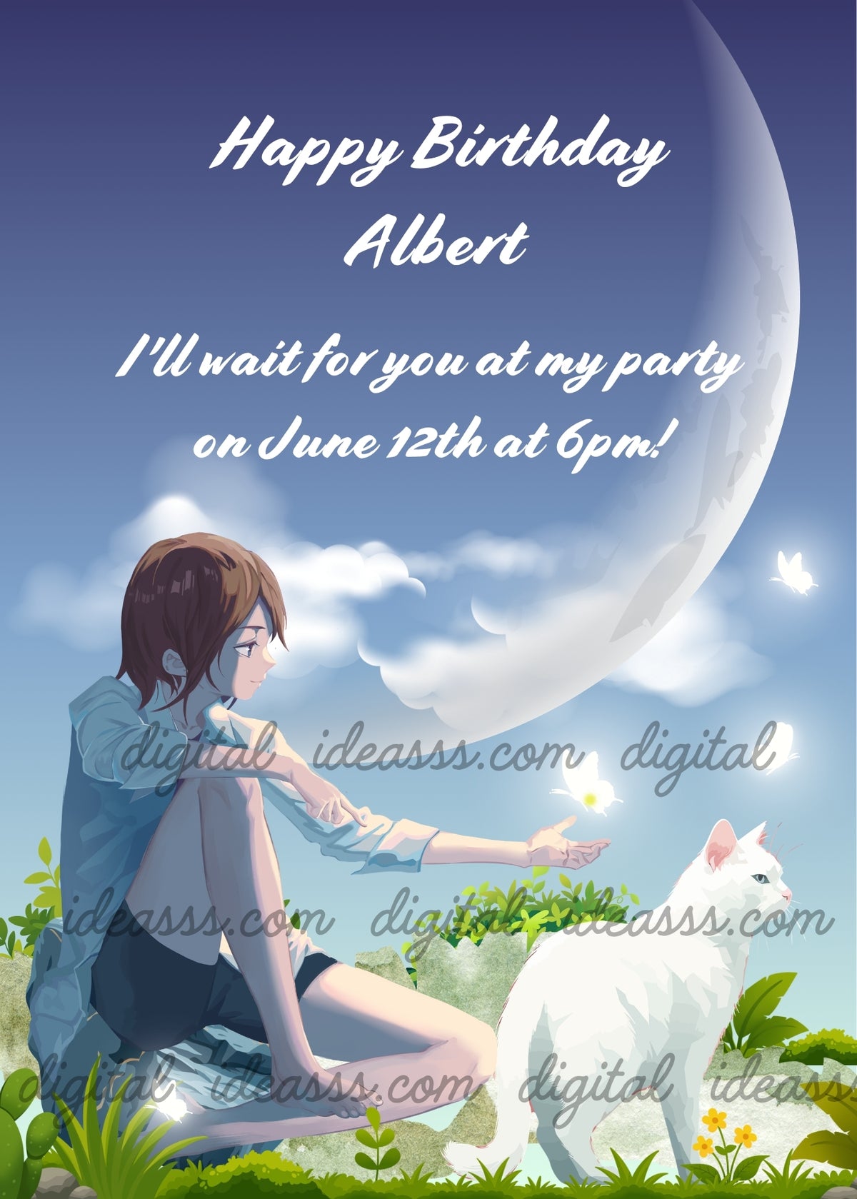 A teenage boy with brown hair sitting on a garden rock reaching out to a white butterfly, with an adorable white cat beside him, a large crescent moon and soft white clouds on a blue sky background — birthday card for boys aged 10 to 14