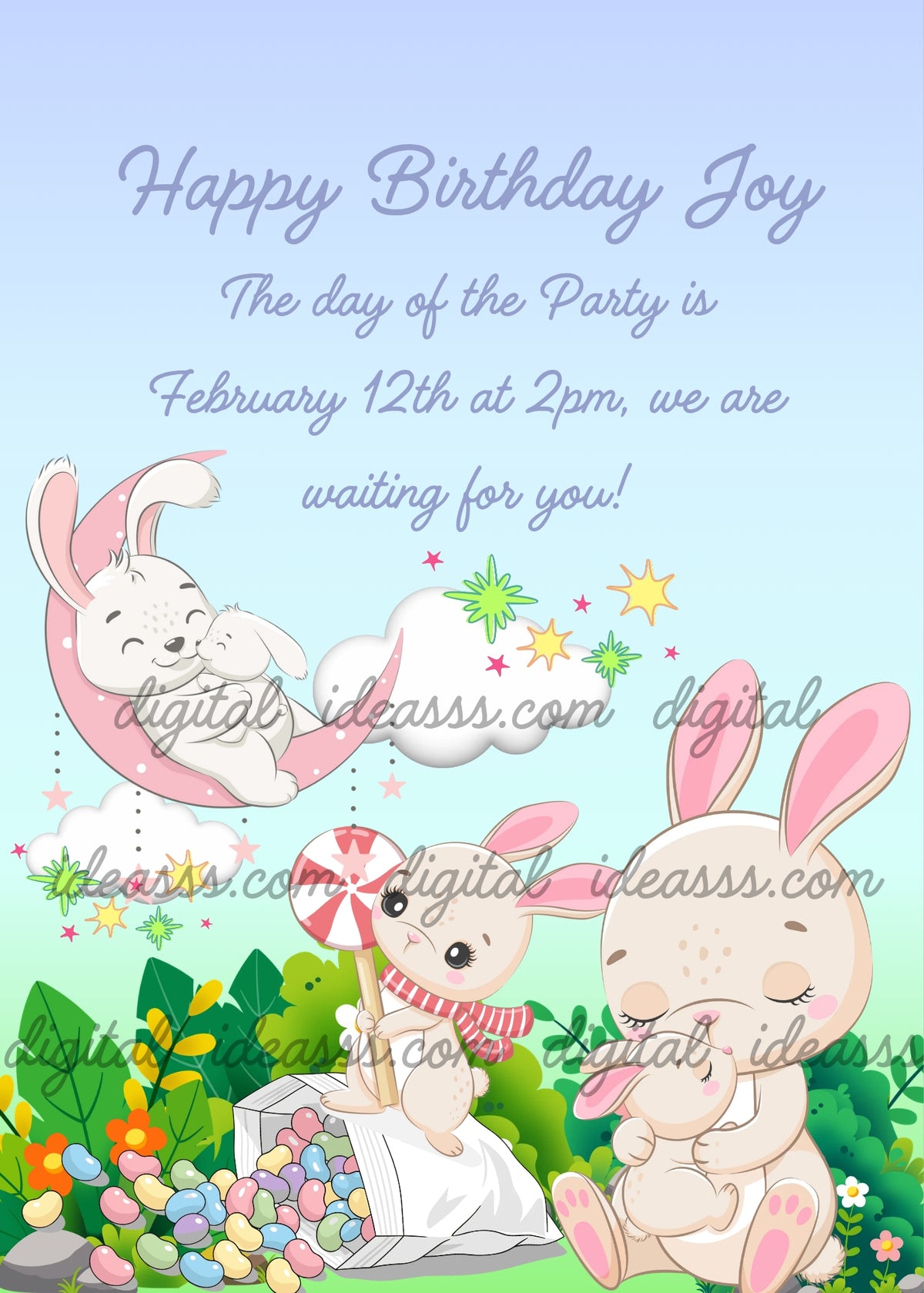 A little bunny with a striped scarf standing on a bag of colorful candy eggs holding a lollipop, mother bunny tenderly hugging her baby in a lush green meadow, and father bunny cuddling a small bunny on a pink crescent moon with colorful sparkle stars — birthday card for children aged 1 to 9