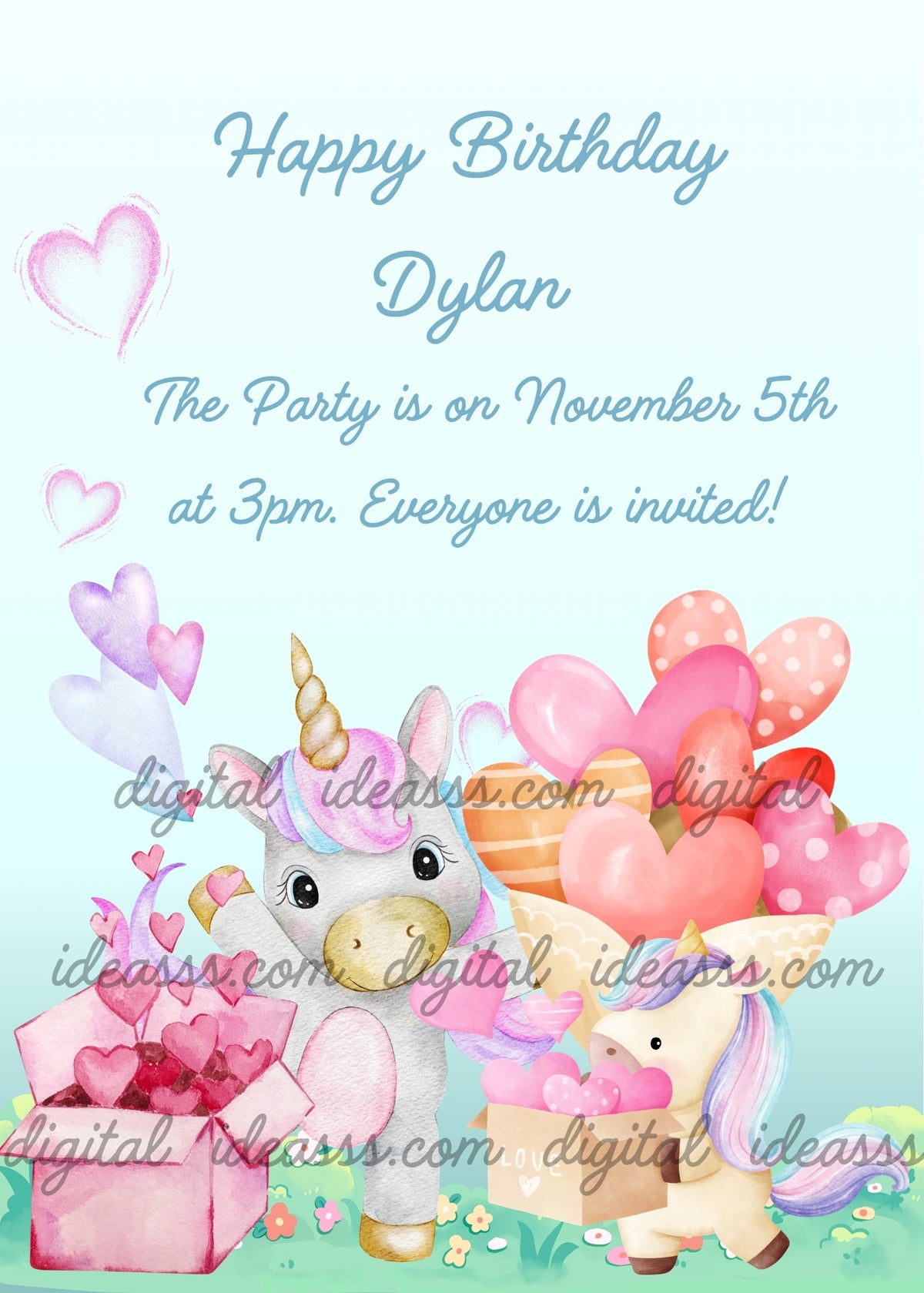 Mother unicorn with a pastel pink mane beside an open pink gift box filled with hearts, and her baby unicorn carrying a box of pink hearts, with colorful heart-shaped balloons and flowers on a meadow against a soft blue background - printable birthday card for children aged 1 to 9