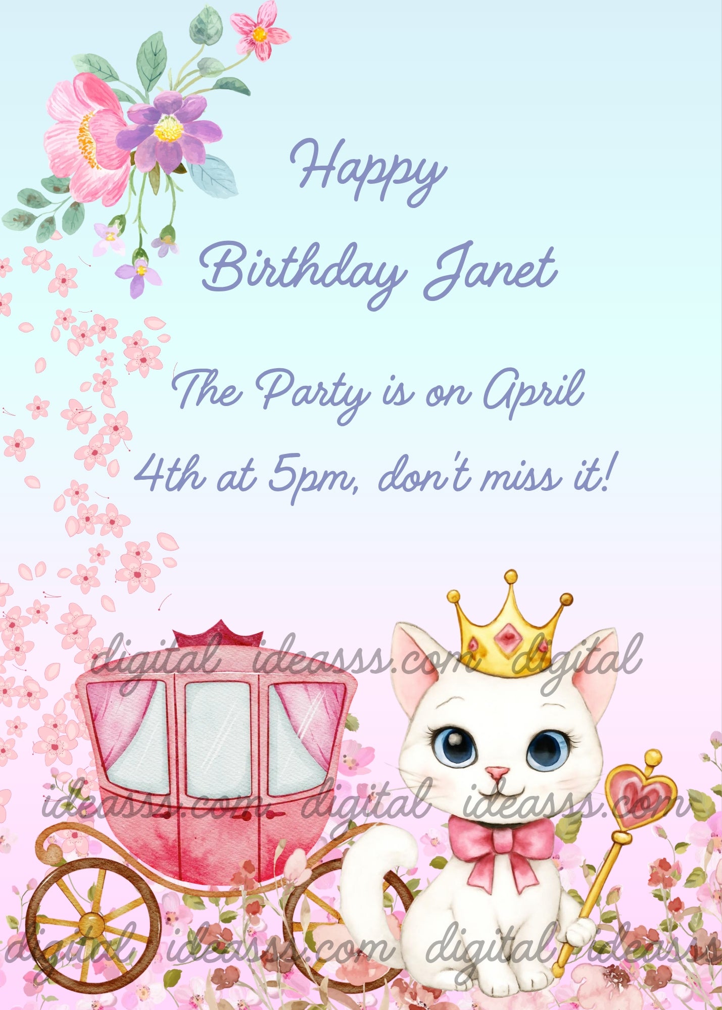A cute white watercolor cat wearing a golden crown and a pink bow, holding a heart-shaped sceptre, sitting next to a pink princess carriage surrounded by cherry blossoms and pink watercolor flowers on a soft pastel pink and blue gradient background — printable birthday card for girls aged 1 to 9