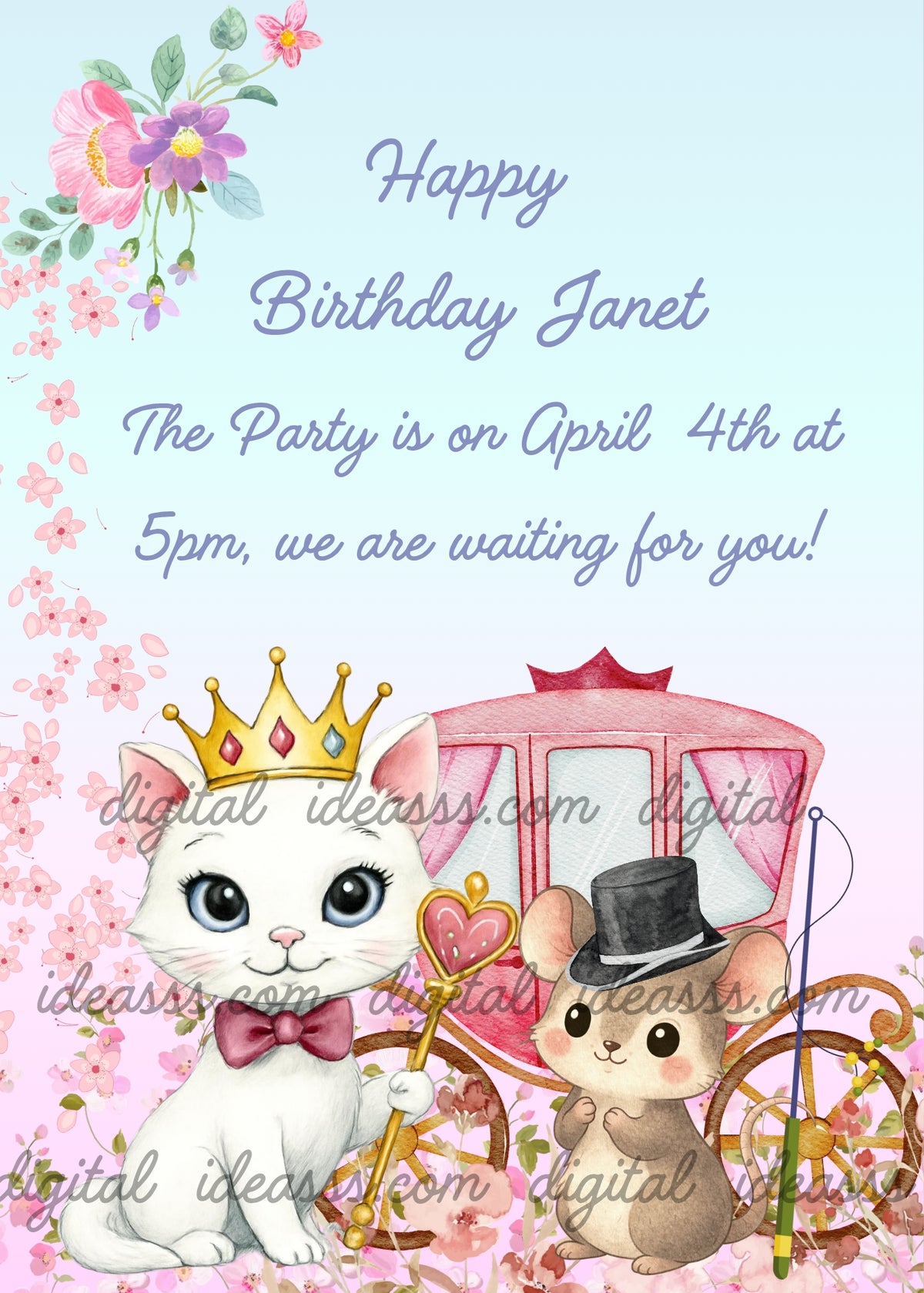 White princess kitten with golden crown and scepter, charming mouse coachman with black top hat beside an elegant pink carriage, rose garden with pink flowers and purple floral decoration in the corner, soft blue gradient background — birthday card for girls aged 1 to 9