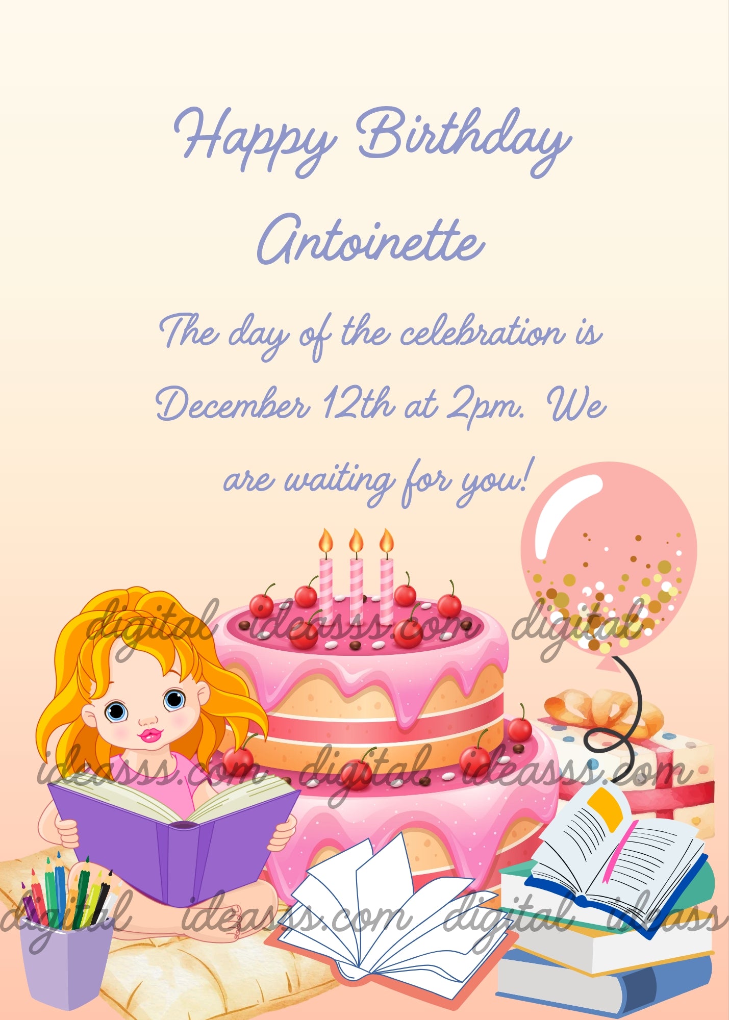 Cute blonde girl reading a fairy tale book next to a pink two-tier birthday cake with cherries and candles, colorful books, pencils, a confetti balloon and a gift box on a warm peach background — birthday card for girls aged 5 to 12