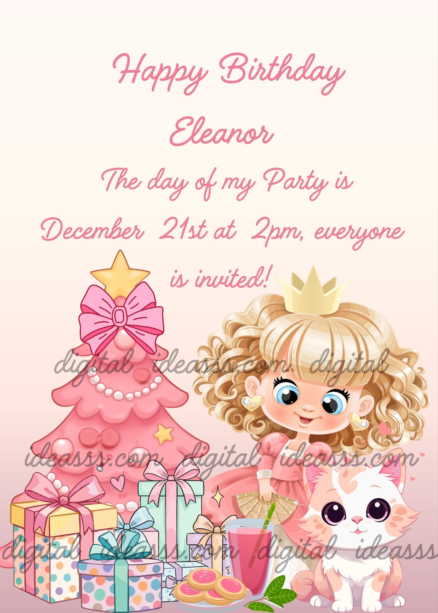 A kawaii blonde princess with curly hair and a golden crown in a pink dress, a white kitten with pink tones, a pink Christmas tree with a golden star, colorful gifts with bows, a plate of cookies and a pink drink on a soft pink gradient background — birthday card for girls aged 6 to 13