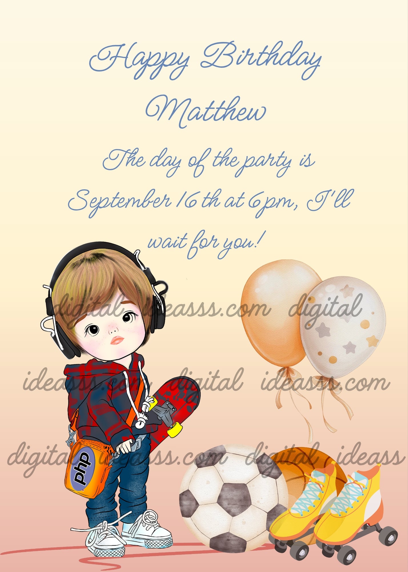 Boy with headphones, red plaid hoodie and skateboard, with a soccer ball, a bascketball, roller skates, balloons and an orange shoulder bag on a soft peach gradient background — birthday card for boys aged 6 to 13