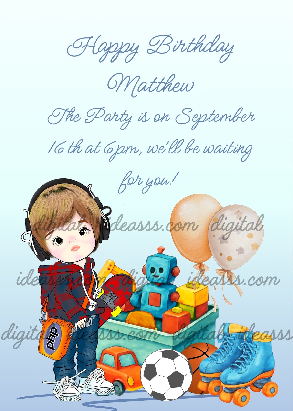 Boy wearing headphones and a red-and-black hoodie holding a skateboard beside a turquoise toy box with a blue robot and colorful building blocks, an orange toy car, a soccer ball, a basketball, blue roller skates with orange wheels and two balloons against a pale blue gradient background - printable birthday card for boys aged 6 to 13