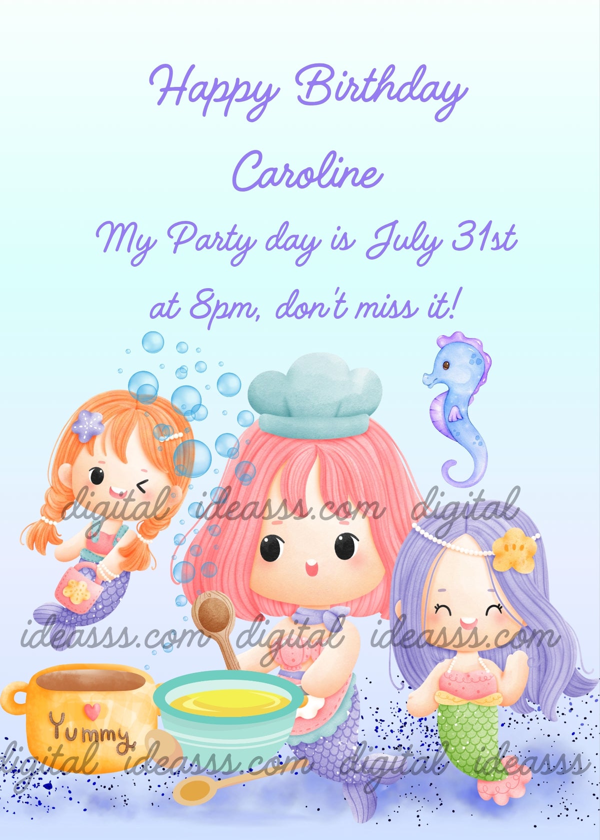 Three cute kawaii mermaids, one chef with pink hair and chef hat cooking, one with orange hair, one with purple hair, yellow pot, turquoise bowl, purple seahorse and bubbles — birthday card for children aged 1 to 9