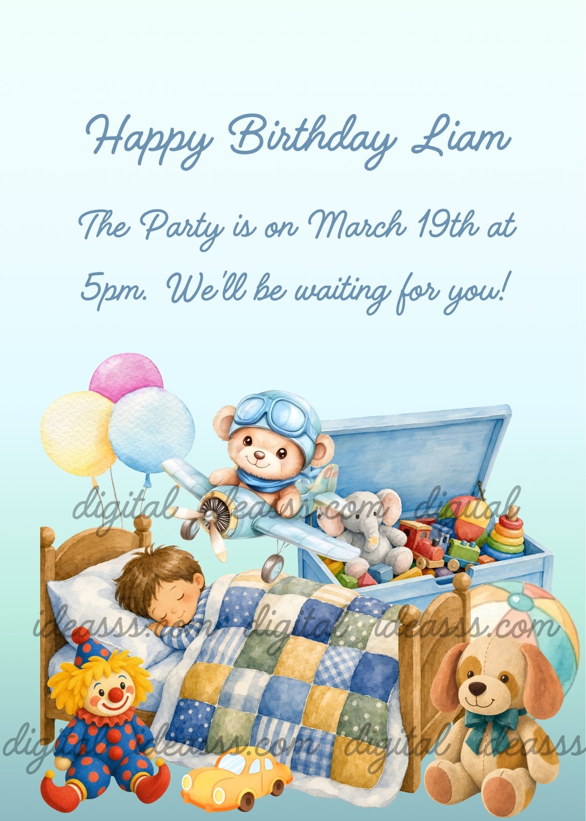 Sleeping boy under a blue, green and yellow patchwork quilt, with a teddy bear pilot flying a pale blue toy airplane above his bed, an open blue toy box with an elephant and colorful toys, three balloons, a clown doll, a yellow toy car and a plush dog beside a beach ball - printable birthday card for boys aged 1 to 7