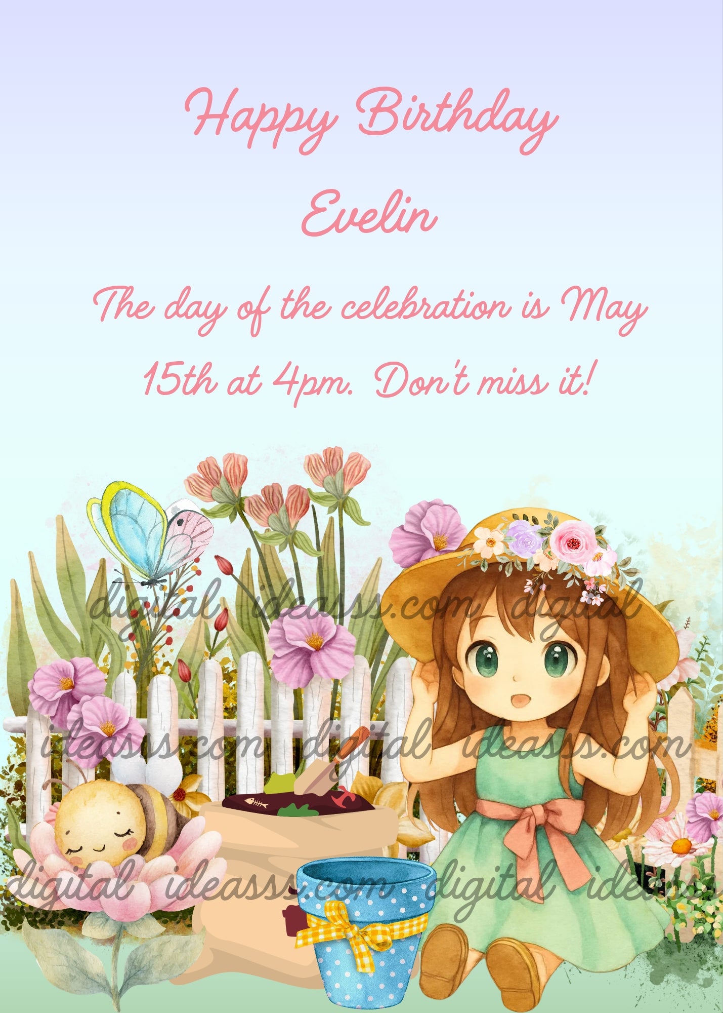 Cute girl with straw hat and mint green dress digging with a shovel in a spring garden, sleeping bee on pink flower, butterfly, white fence and light blue polka dot pot on a mint green and light blue gradient background — birthday card for girls aged 8 to 12
