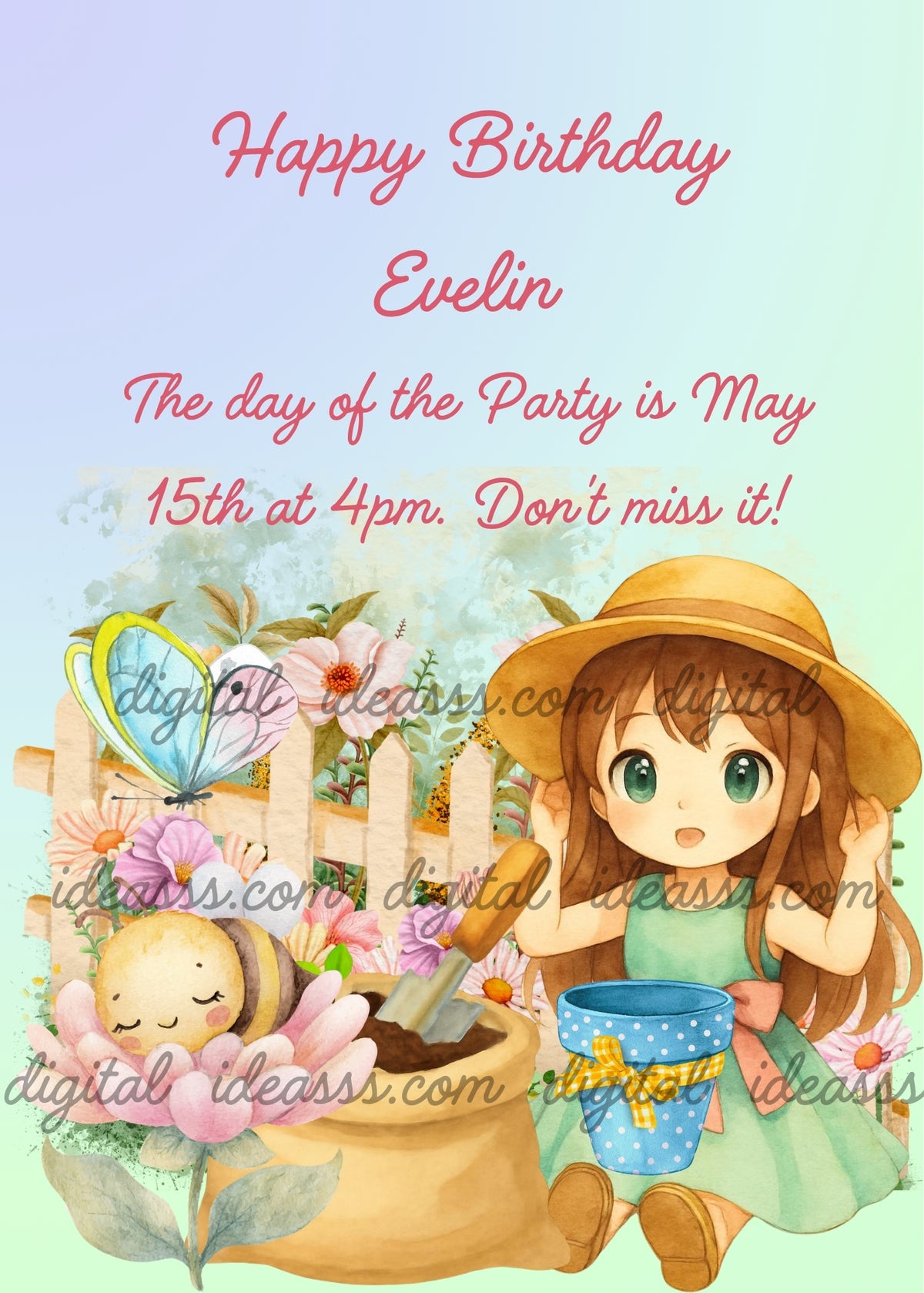 Kawaii girl with long brown hair in plain straw hat and mint green dress playing in garden, light blue polka dot pot with yellow bow on her lap, small pot with soil and shovel beside her, sleeping bee on pink flower, yellow and blue butterfly, white wooden fence with pink flowers, soft mint green to light blue gradient background — birthday card for girls aged 8 to 12