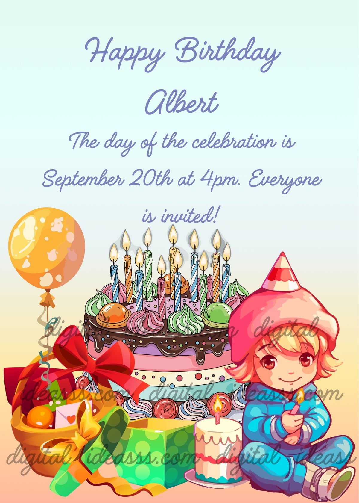 Smiling blonde child in a red party hat and blue outfit holding a lit candle, with another lit candle on a small cake to his left. A large layered cake with pink frosting, chocolate drips and colorful candles stands beside a basket with a heart letter, yellow marbles and a wrapped gift, a green gift box and a yellow balloon with a decorative ribbon — printable birthday card for children aged 6 to 12