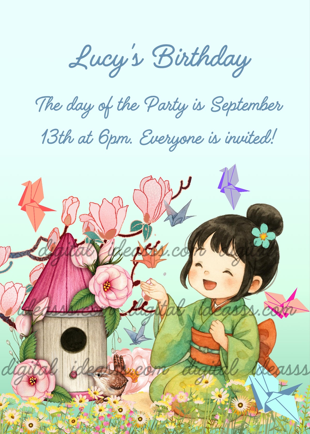 Japanese kawaii girl in green kimono with teal flower in dark hair kneeling in garden, colorful origami cranes flying in pink orange blue and purple, wooden birdhouse with pink roof surrounded by pink peonies and magnolia flowers, small brown bird at base, white daisies and yellow flowers, soft blue teal gradient background — birthday card for girls aged 6 to 12