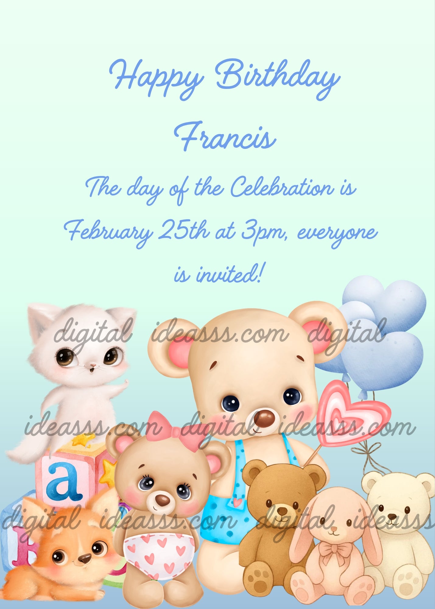 Large teddy bear in blue overalls holding a pink heart-shaped lollipop, small teddy bear in pink diaper, brown teddy bear, white teddy bear with bow, white kitten, orange puppy and colorful alphabet block on a soft blue gradient background — birthday card for children aged 1 to 7