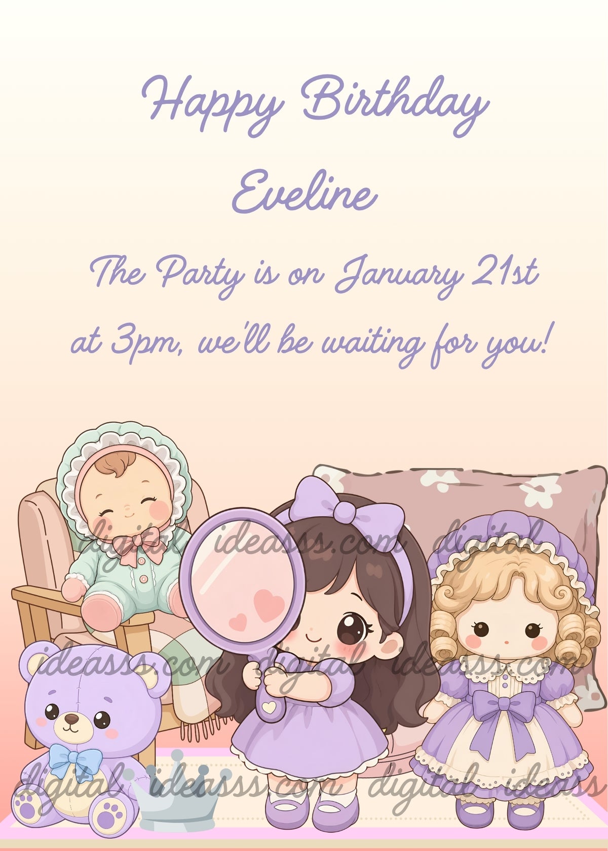 Girl in a lilac dress and matching hair bow holding a heart-decorated hand mirror beside a blonde princess doll in lilac and cream, a baby doll on a pink armchair, a lilac teddy bear and a toy crown on a rug against a cream-to-peach background - printable birthday card for girls aged 5 to 12