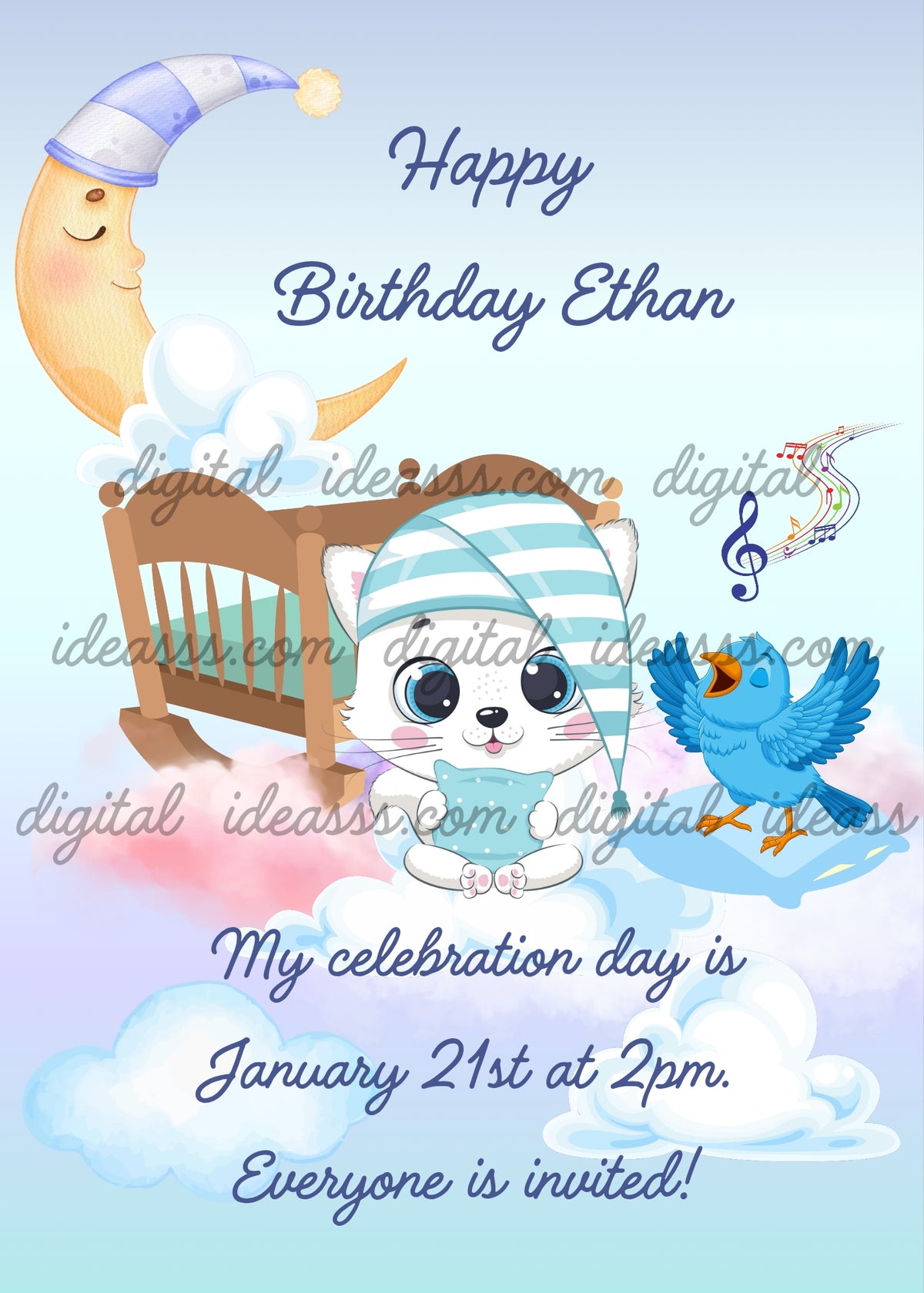 A cute white cat wearing a striped blue nightcap sitting in front of a wooden rocking crib holding a pillow, with a smiling crescent moon, a blue bird singing musical notes and soft pink and white clouds on a light blue background — birthday card for children aged 1 to 9