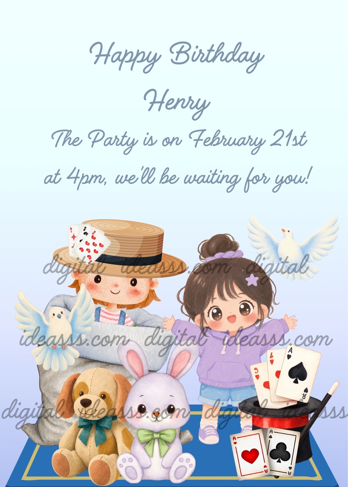 Boy magician inside a white sack beside a girl assistant in a purple hoodie, with white doves, playing cards, a black top hat, a toy puppy and a toy bunny on a blue rug - printable birthday card for children aged 3 to 10
