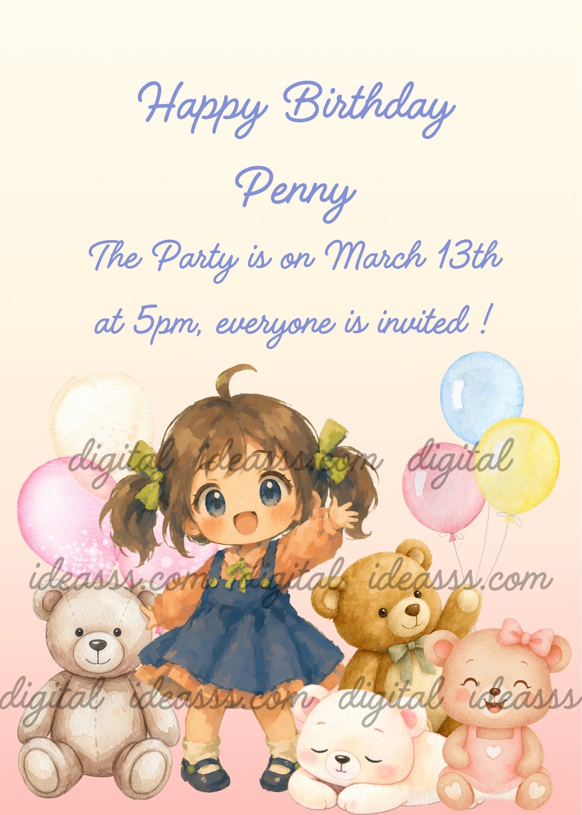 Cheerful girl with brown pigtails and green bows wearing a blue pinafore over an orange blouse, raising one hand beside a beige teddy bear, a golden teddy bear with a green bow, a smiling pink teddy bear and a sleeping white teddy bear, surrounded by pastel balloons against a cream-to-pink background - printable birthday card for girls aged 1 to 9