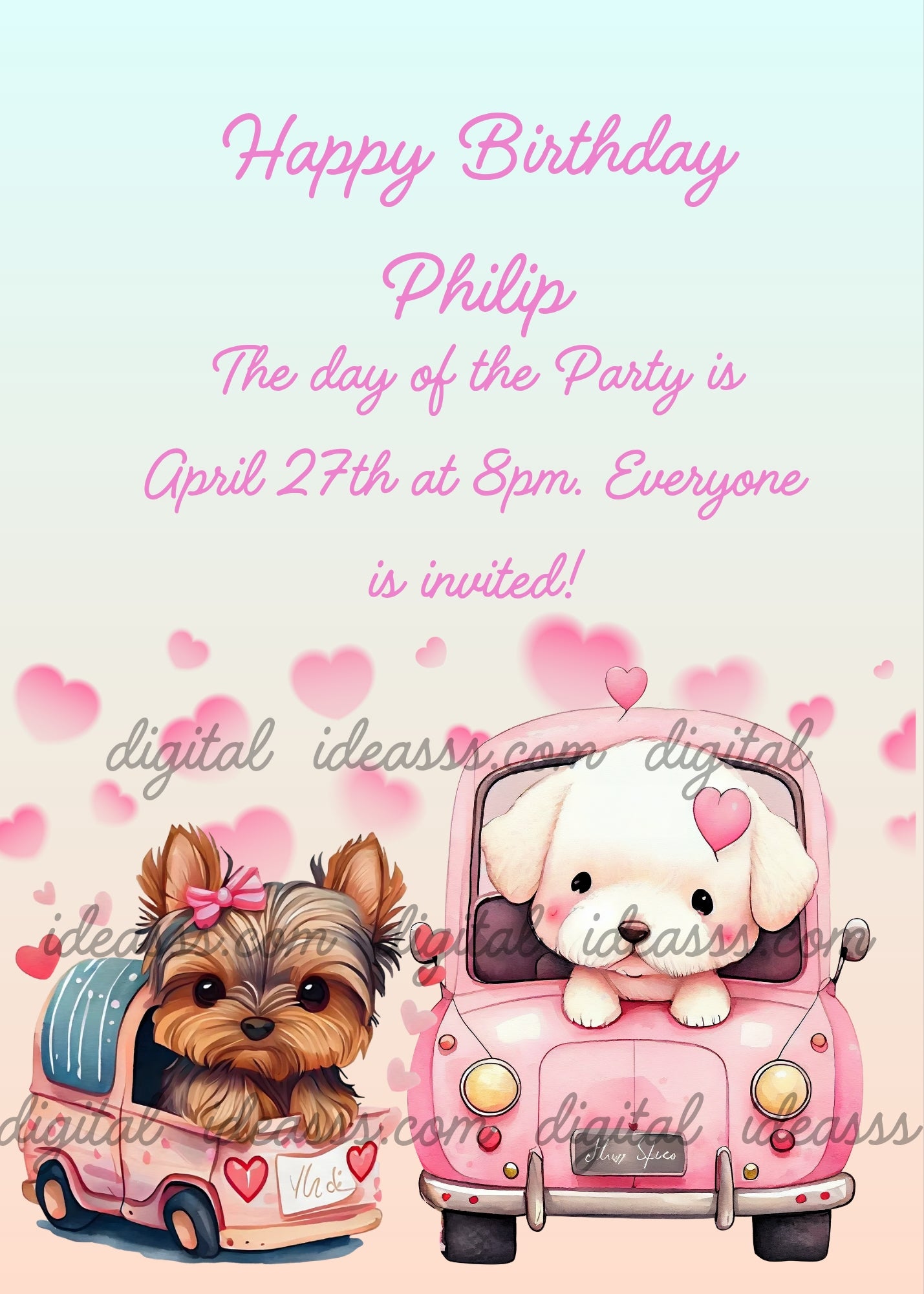 A Yorkshire Terrier puppy and a fluffy white puppy riding pink toy cars surrounded by floating pink hearts — printable birthday card for kids aged 1 to 9