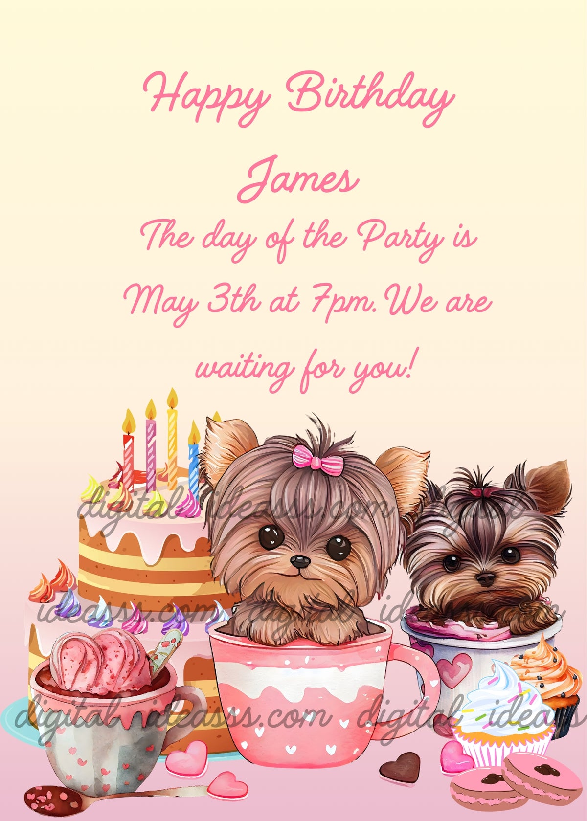 Two fluffy Yorkshire Terrier puppies, one with a pink bow inside a pink cup with white hearts and one with a red bow on a white plate, next to a layered birthday cake with colorful candles, a bowl of pink ice cream, heart-shaped pink cookies and chocolate pieces, with pink hearts on a yellow to pink gradient background — birthday card for children aged 1 to 9