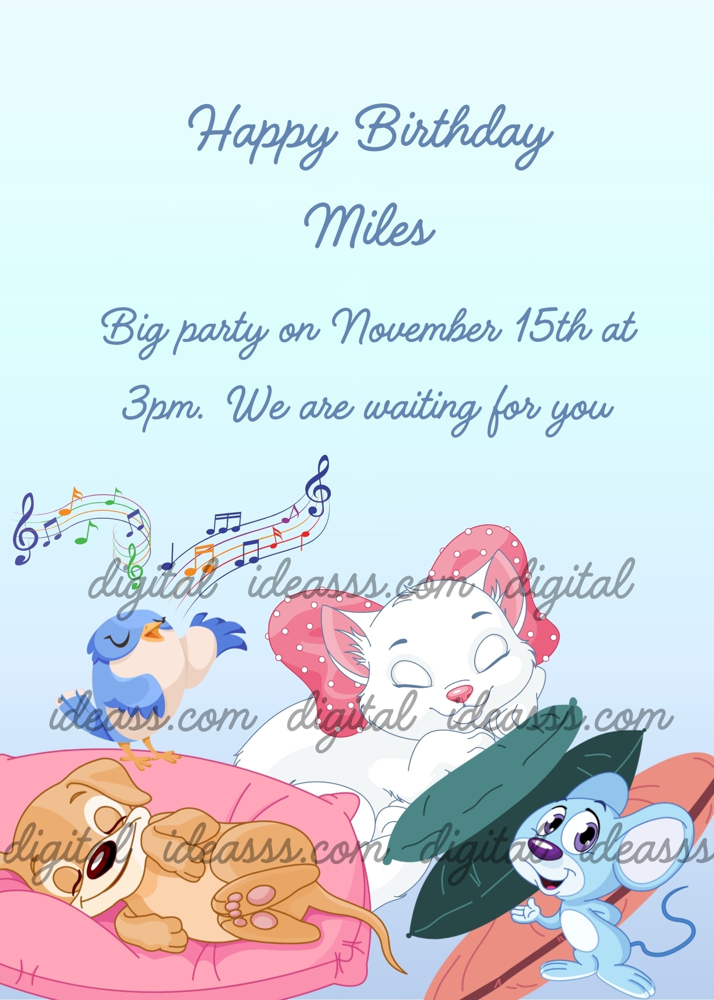 Sleepy cat, puppy, blue bird and little mouse with musical notes on pink cushion - printable birthday card for children 5-12