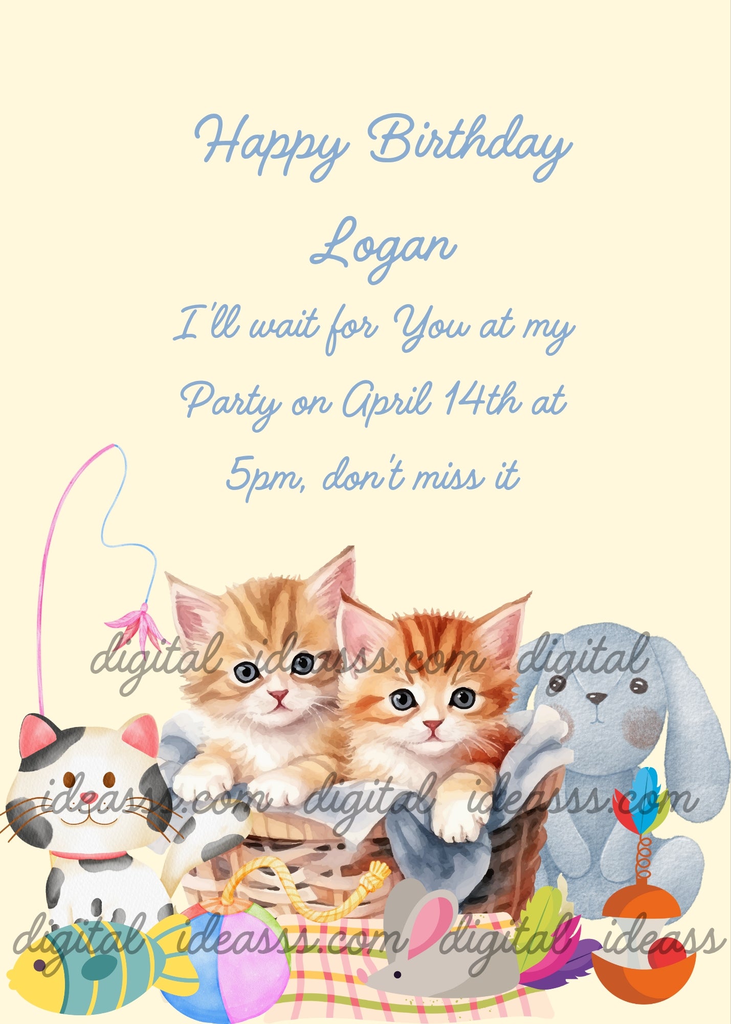 Two orange kittens sit in a wicker basket surrounded by colorful toys, a blue bunny and a plush toy - printable birthday card for kids 1-12