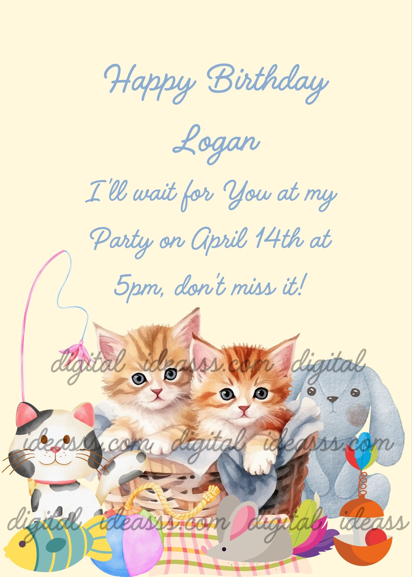Two orange kittens sit in a wicker basket surrounded by colorful toys, a blue bunny and a plush toy — printable birthday card for kids aged 1 to 12