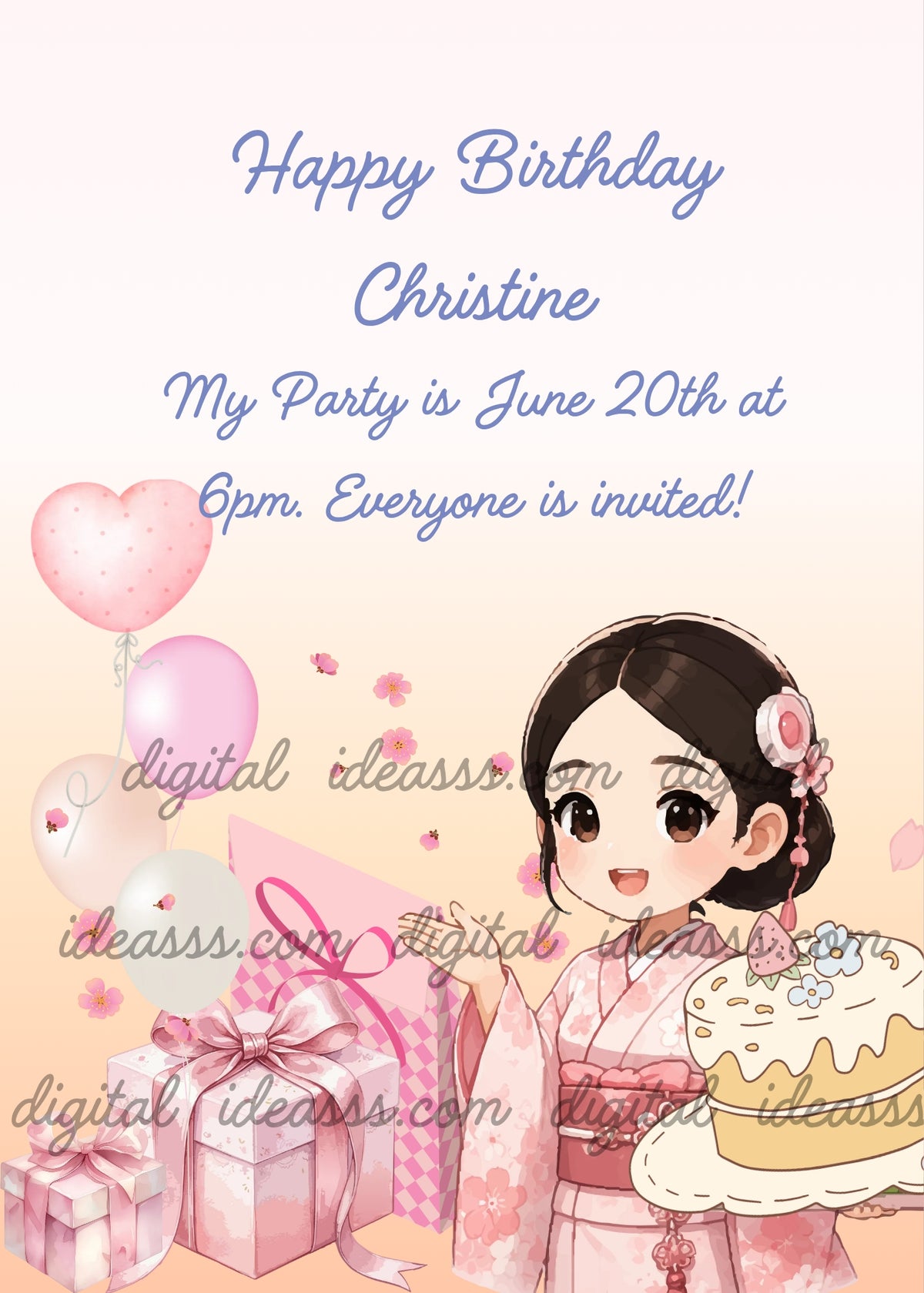 Cute anime girl with dark hair styled in a chignon with a pink flower accessory wearing a light pink kimono, holding a white cake decorated with a strawberry and flowers, next to two pink gift boxes with ribbon bows on a pink checkered background, three balloons including a heart-shaped one, and scattered cherry blossom petals on a soft peach gradient background — birthday card for girls aged 9 to 14