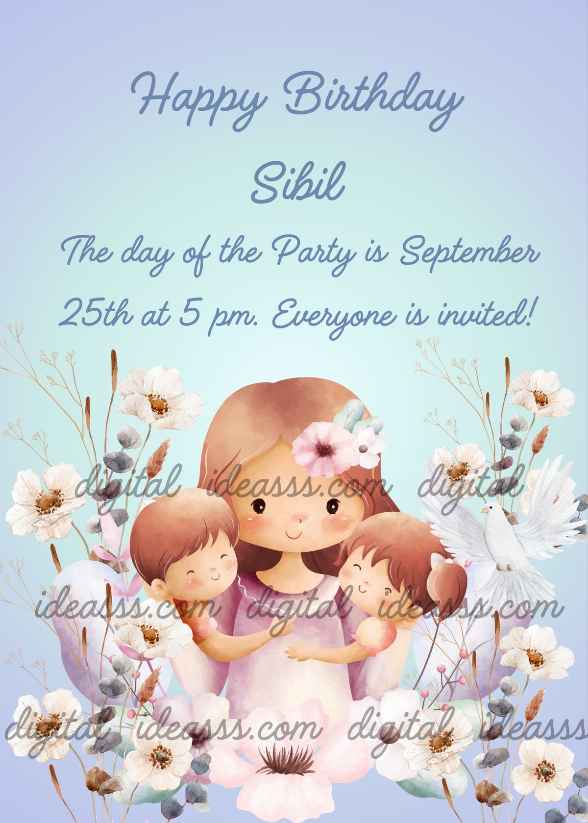 Mother with light brown hair and pink flower in hair wearing lilac dress embracing two children with brown hair, white anemone flowers with golden centers, gray and lilac leaves, white dove with open wings on right, soft light blue gradient background — birthday card for children aged 8 to 12