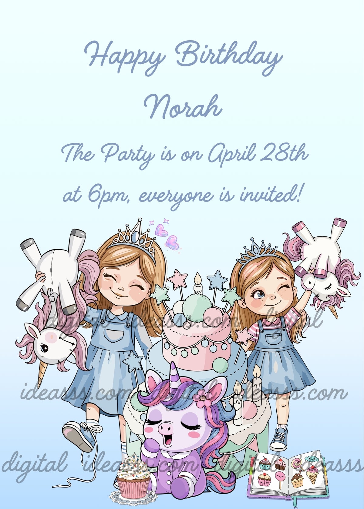 Two girls wearing crowns and blue dresses holding unicorn toys beside a pastel birthday cake, with a little purple unicorn, a cupcake and an open book of sweet treats on a light blue background - printable birthday card for girls aged 6 to 12