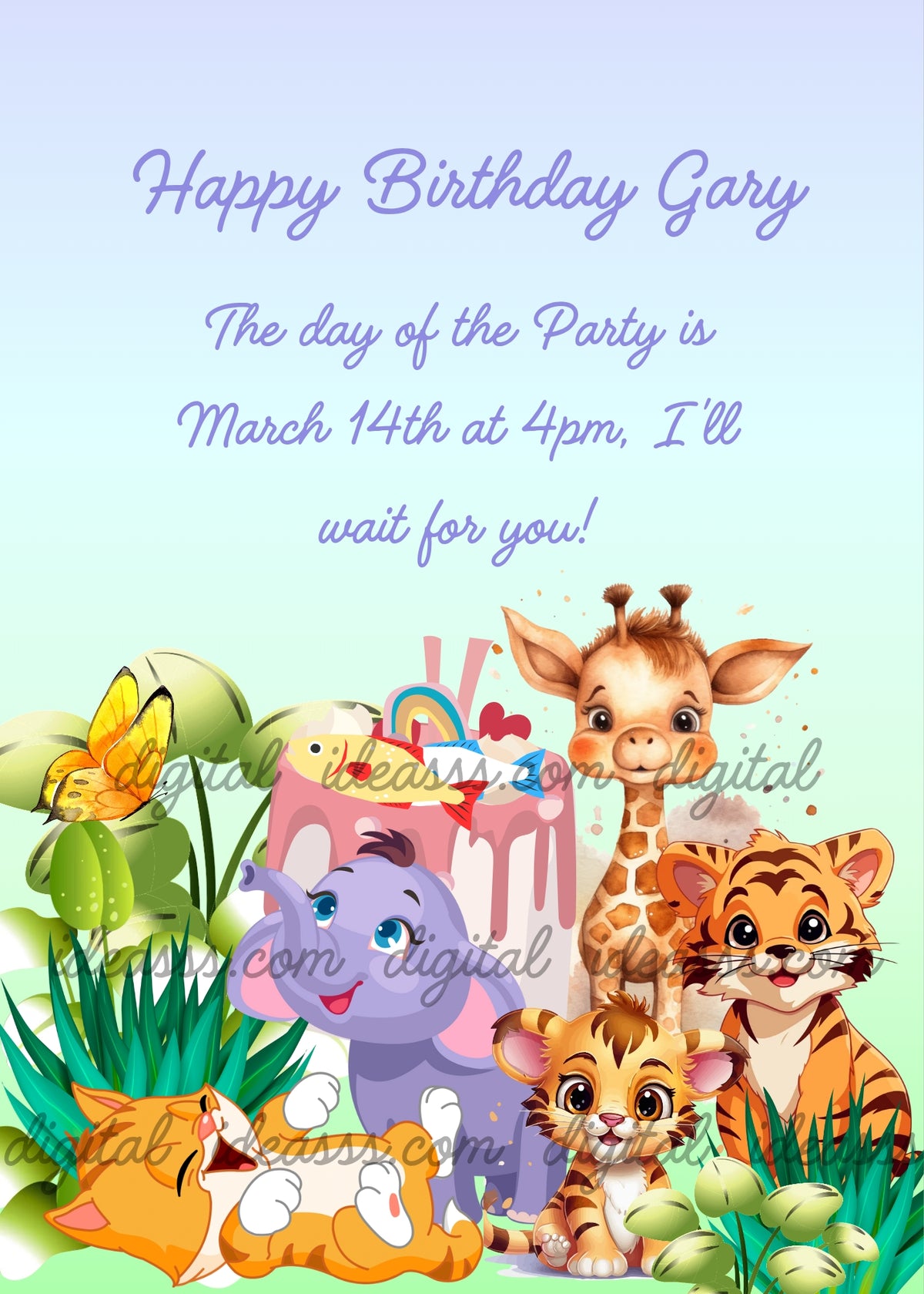 Happy kitten rolling on grass surrounded by elephant, baby giraffe, tiger and tiger cub with a pink fish ice cream cake, yellow watercolor butterfly, tropical jungle plants on soft blue mint background — birthday card for children aged 3 to 10