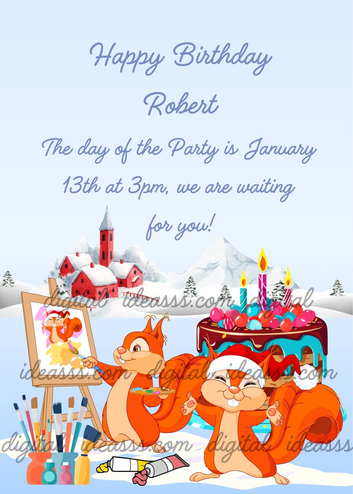 Two cheerful orange squirrels celebrate in a snowy mountain village: one paints at an easel with brushes and a palette, while the other wears a red Santa hat and smiles beside a colorful cake with candles and sweets. Snow-covered red houses, fir trees and pale blue mountains fill the winter background of this digital birthday card for children aged 5 to 12