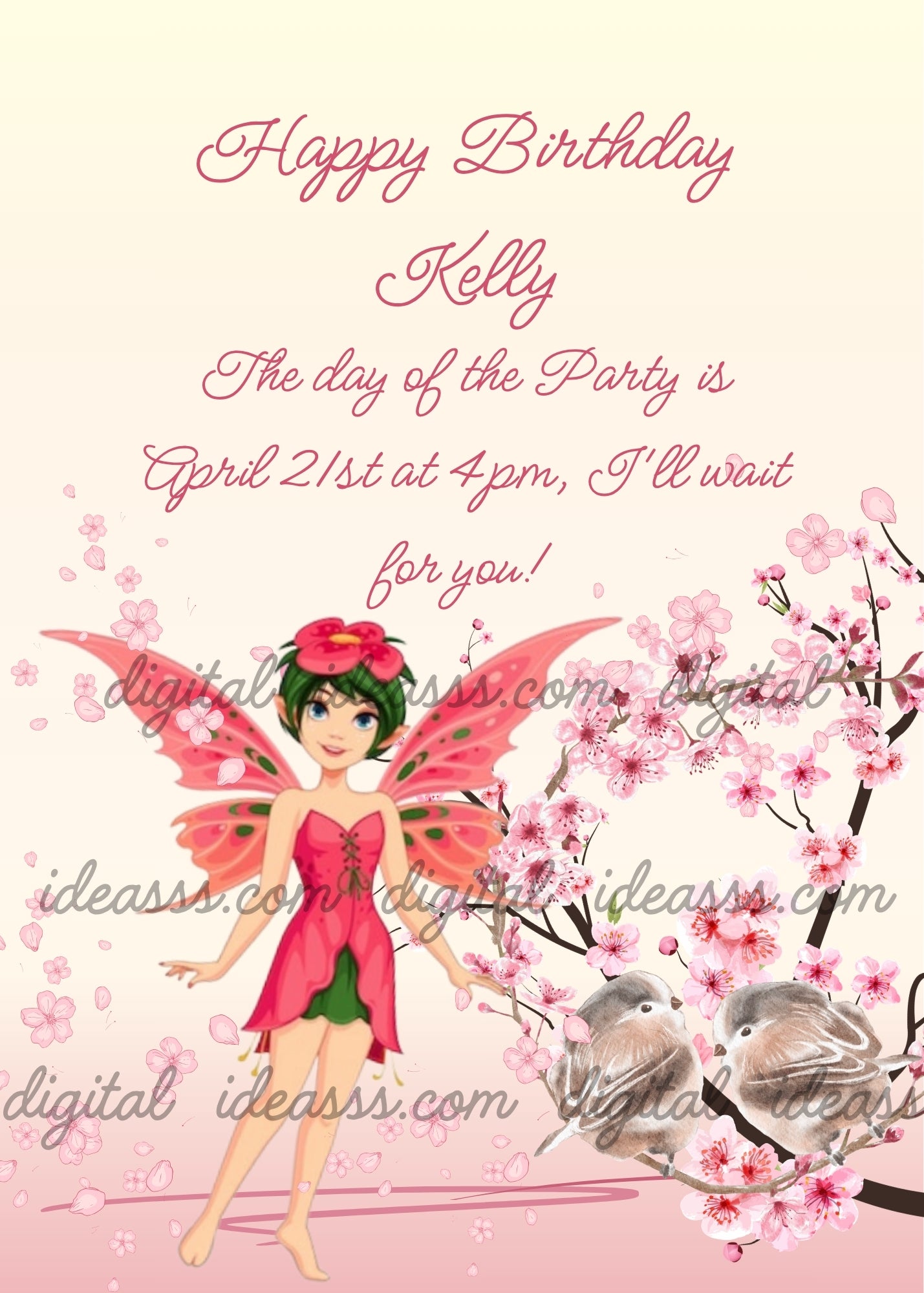 A fairy with green hair and red butterfly wings in a red dress dancing among cherry blossom petals with two grey birds on a branch on a soft cream pink background — birthday card for girls aged 9 to 10