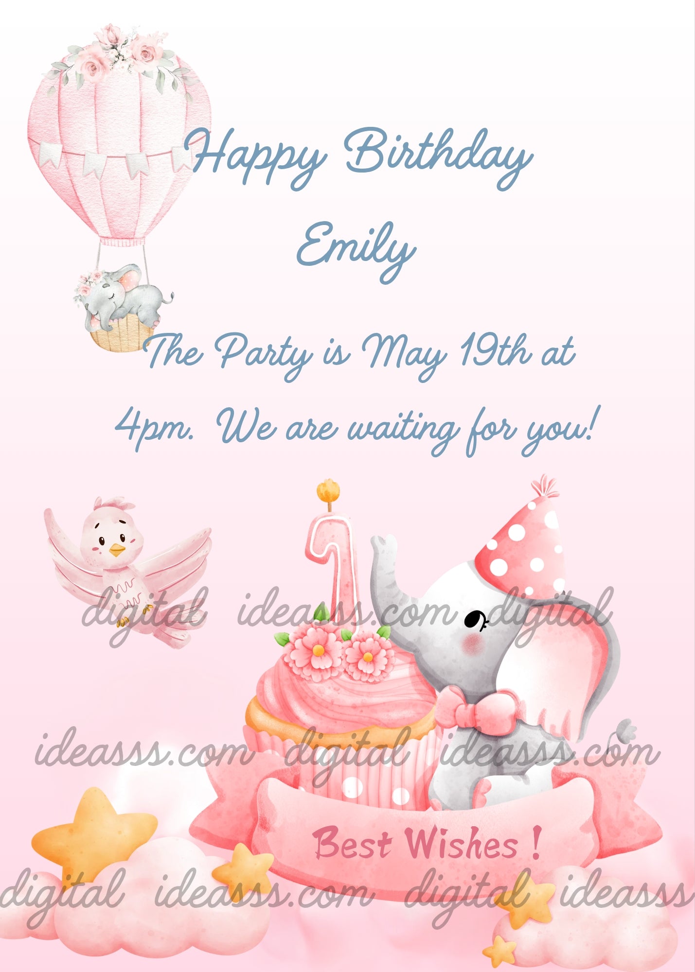 Baby elephant with pink party hat on a giant cupcake, pink hot air balloon with a little elephant, white bird flying, golden stars and pink clouds on a pink pastel background — birthday card for girls aged 1 to 6