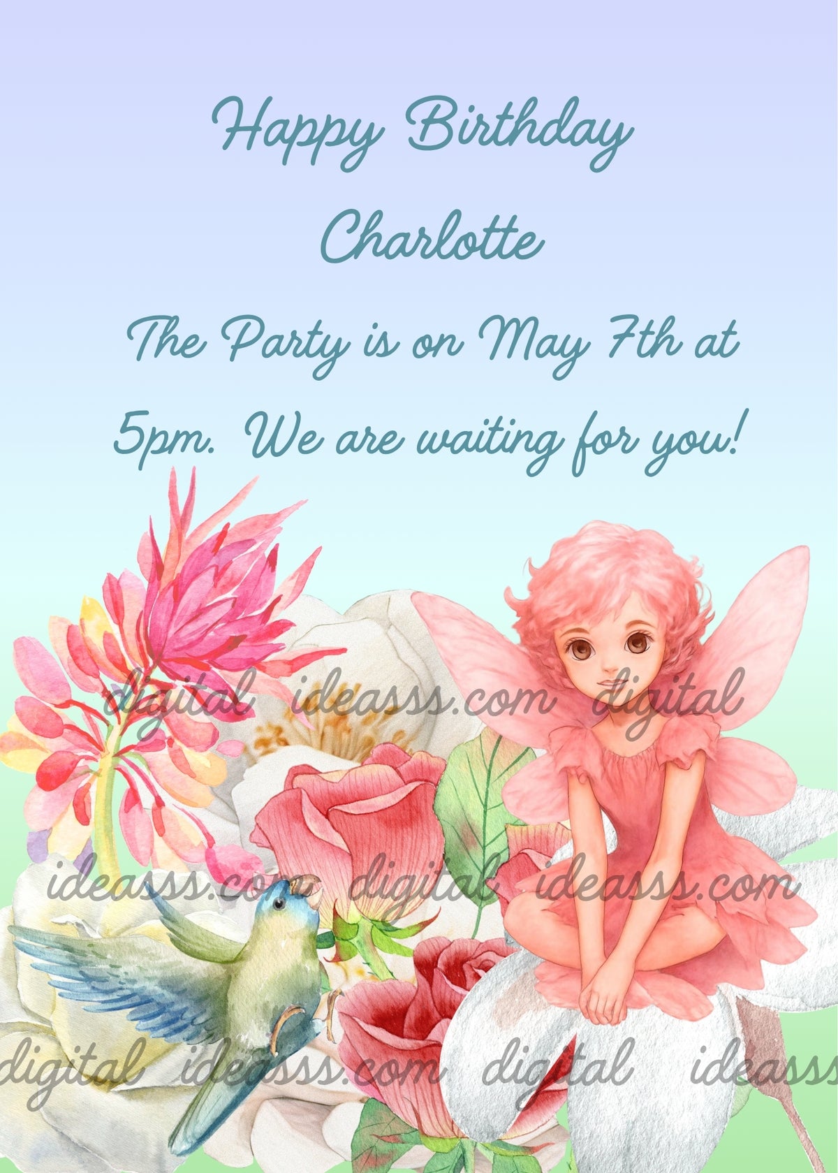 A pink fairy with delicate wings and curly pink hair sitting on a large white flower, a little green and blue parrot with open beak looking up in surprise, pink roses and white roses on a soft light blue and green gradient background — birthday card for girls aged 9 to 14