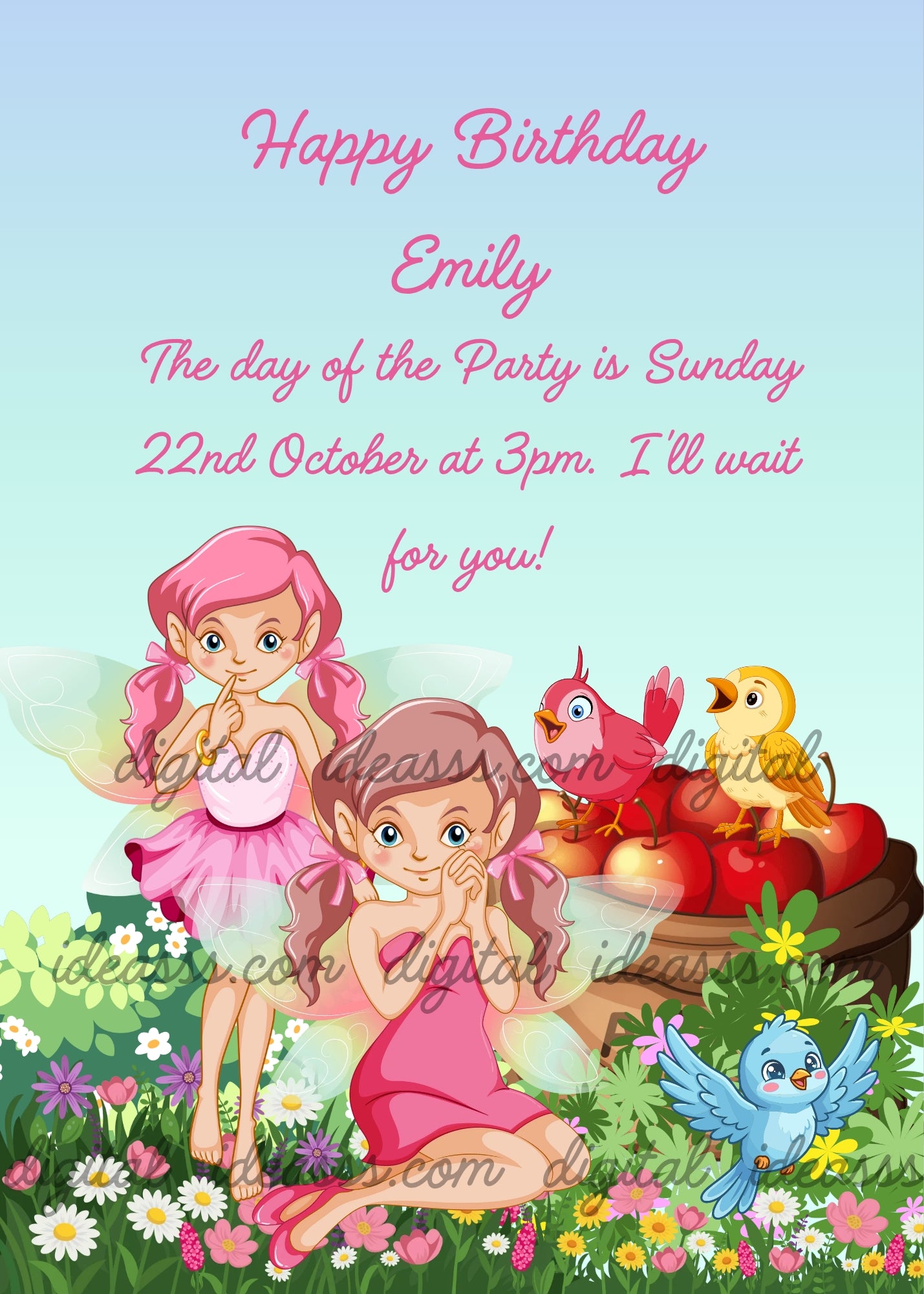 Two pink fairies with wings in a flower garden with daisies and colorful flowers, a basket of red apples with a pink bird and a yellow bird on top, and a blue bird flying below, on a soft blue sky background — birthday card for girls aged 8 to 14