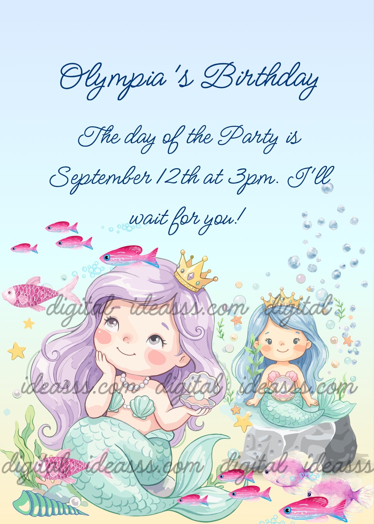 Two mermaids with purple and blue hair and golden crowns, green tails, holding oysters with pearls, pink fish, yellow stars, bubbles and seaweed on light blue background — birthday card for girls aged 10 to 14