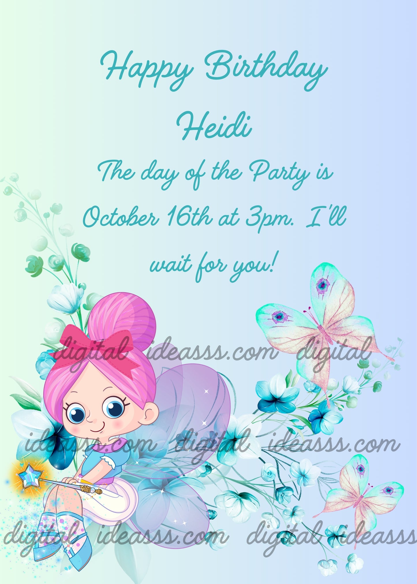 A cute kawaii pink haired fairy with a bow sitting among blue flowers holding a magic star wand with teal butterflies on a soft blue green pastel background — printable birthday card for girls aged 1 to 9