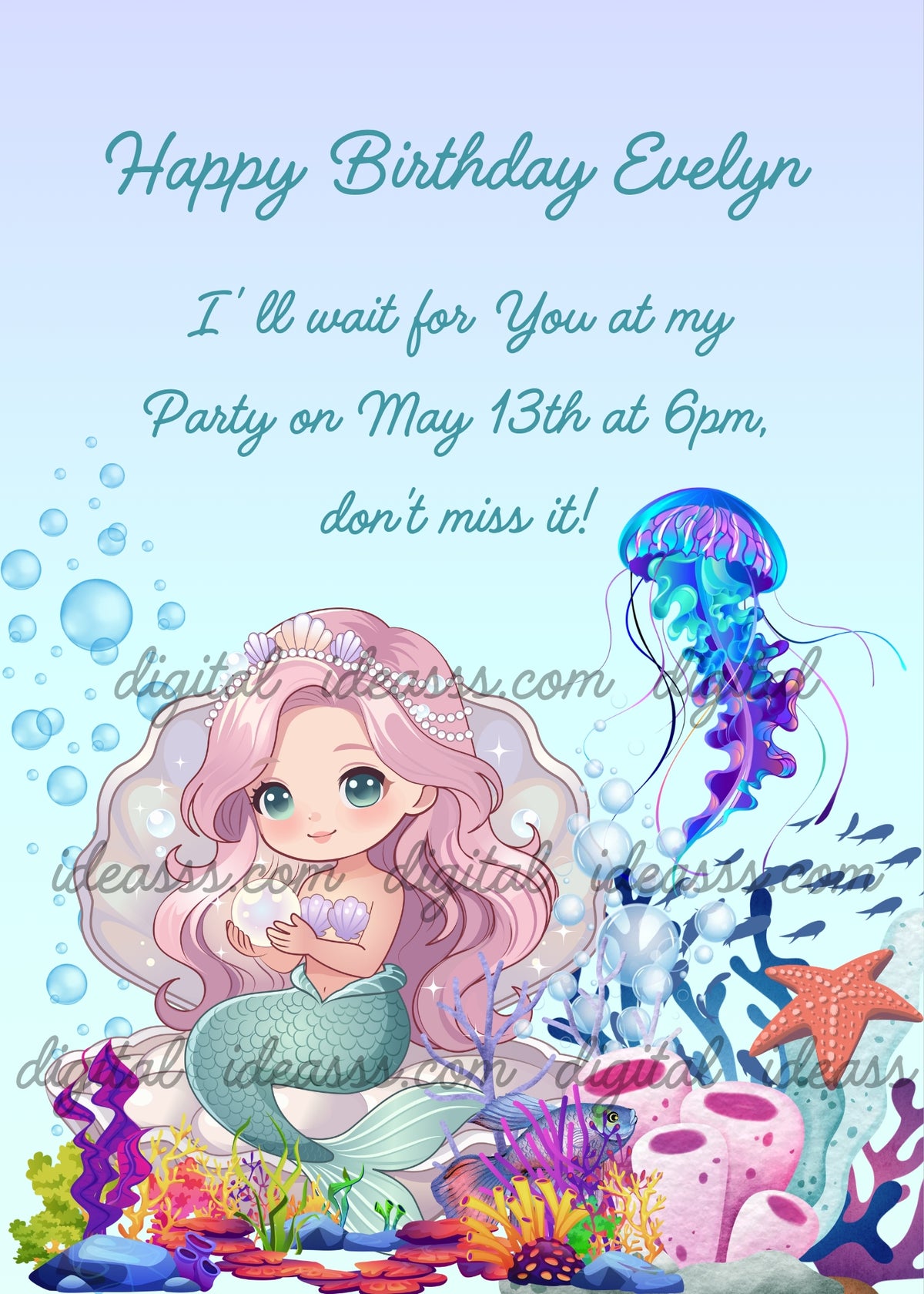 Kawaii mermaid with long pink hair sitting in an oyster shell holding a shell with pearl, blue jellyfish, colorful corals, orange starfish and seaweed on light blue background — birthday card for girls aged 1 to 9